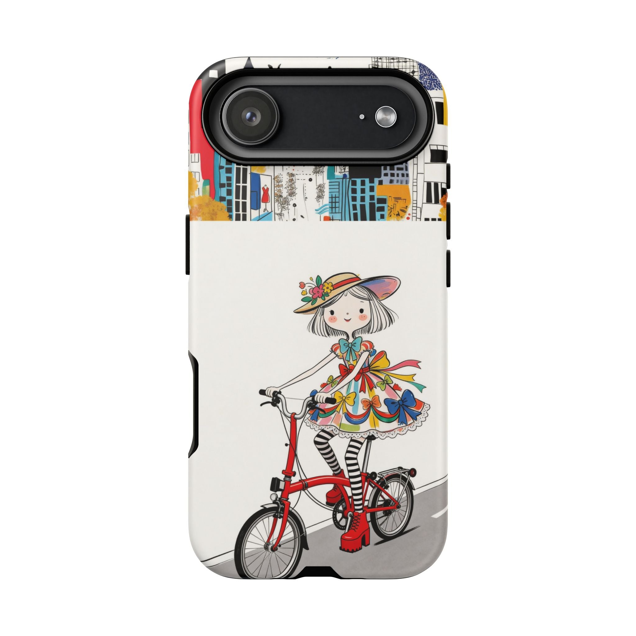 Whimsical Girl on Brompton Bicycle Urban Illustration iPhone Case