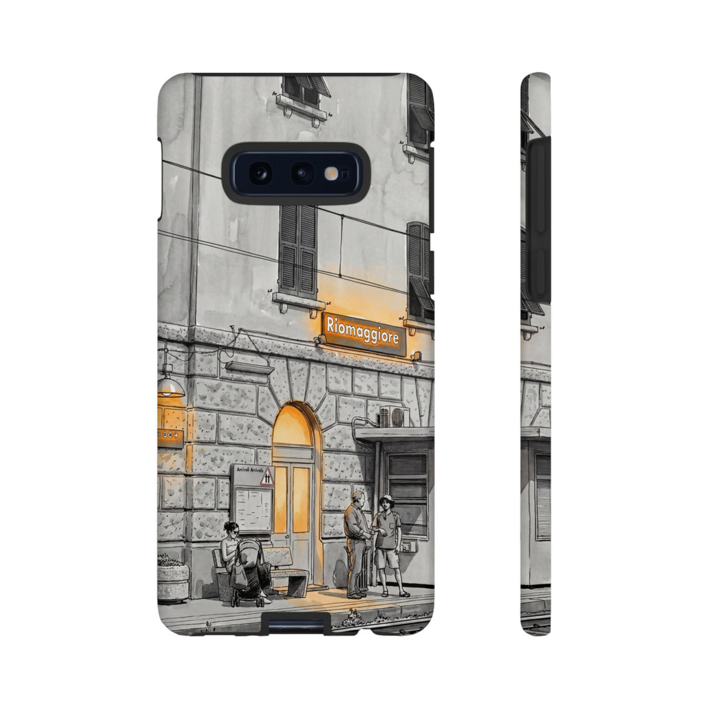 Custodia per Samsung Galaxy con stazione ferroviaria Cinque Terre | Schizzo in bianco e nero con accenti gialli caldi