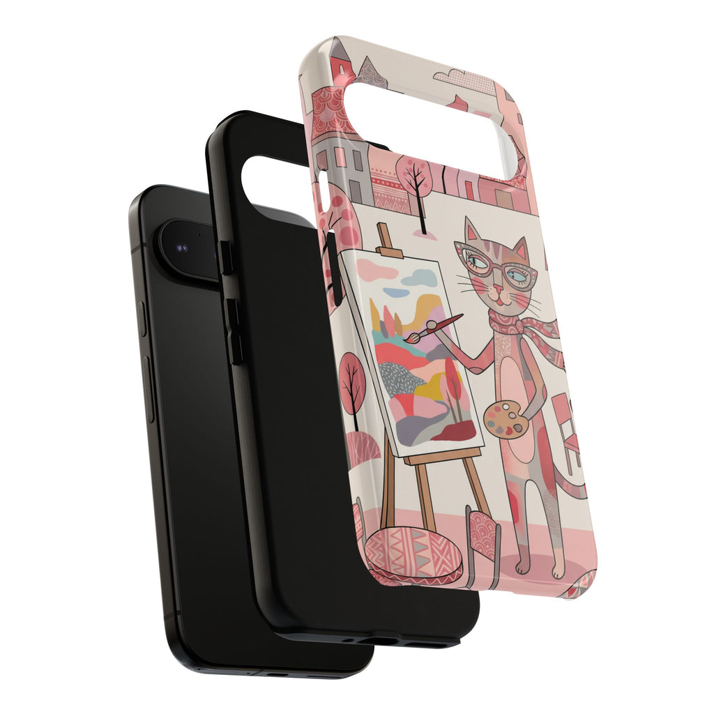 Artistic Cat Google Pixel Phone Case | Painter Kitty Illustration Tough Case