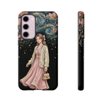 Floral Starry Night Samsung Galaxy Phone Case | Elegant Girl in Pink Dress