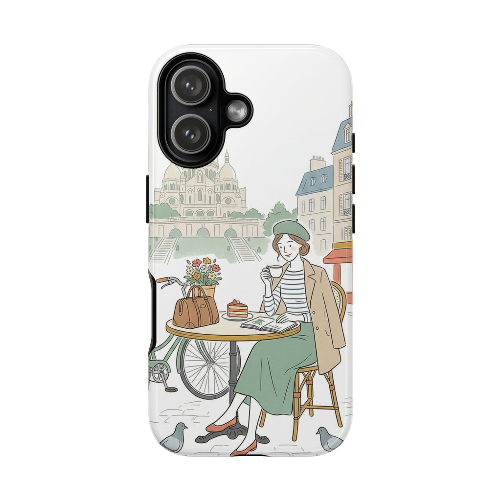 Cover protettiva per iPhone con illustrazione di caffè parigino | Biciclette e piccioni vintage
