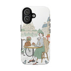 Cover protettiva per iPhone con illustrazione di caffè parigino | Biciclette e piccioni vintage