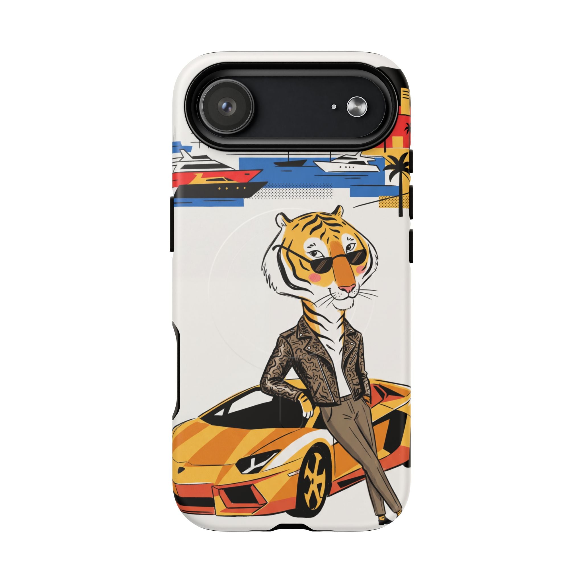 Stylish Tiger with Sports Car Illustration MagSafe iPhone Case