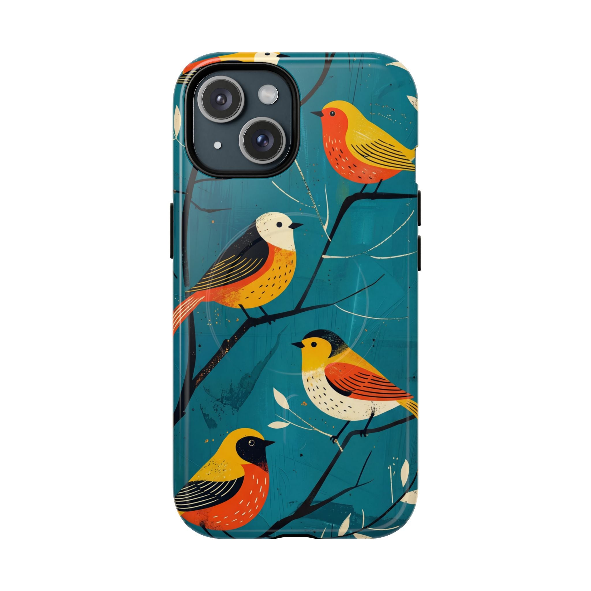 Bird Pattern Tough MagSafe iPhone Case | Colourful Songbirds on Teal Background