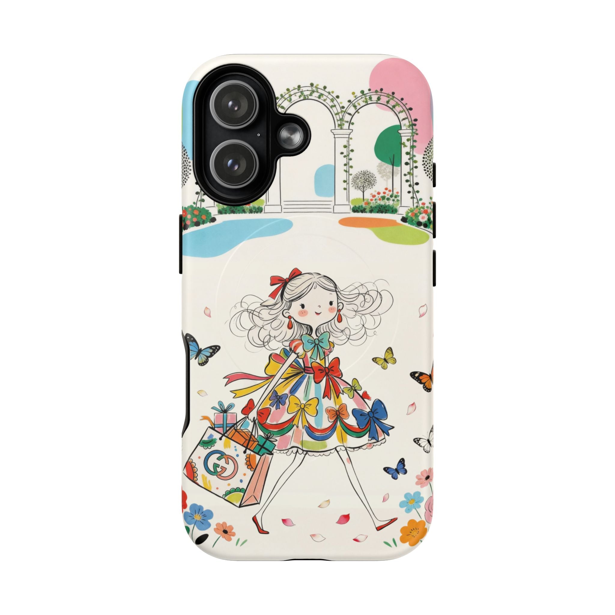 Whimsical Shopping Girl MagSafe iPhone Case | Cute Floral Butterfly Tough Case