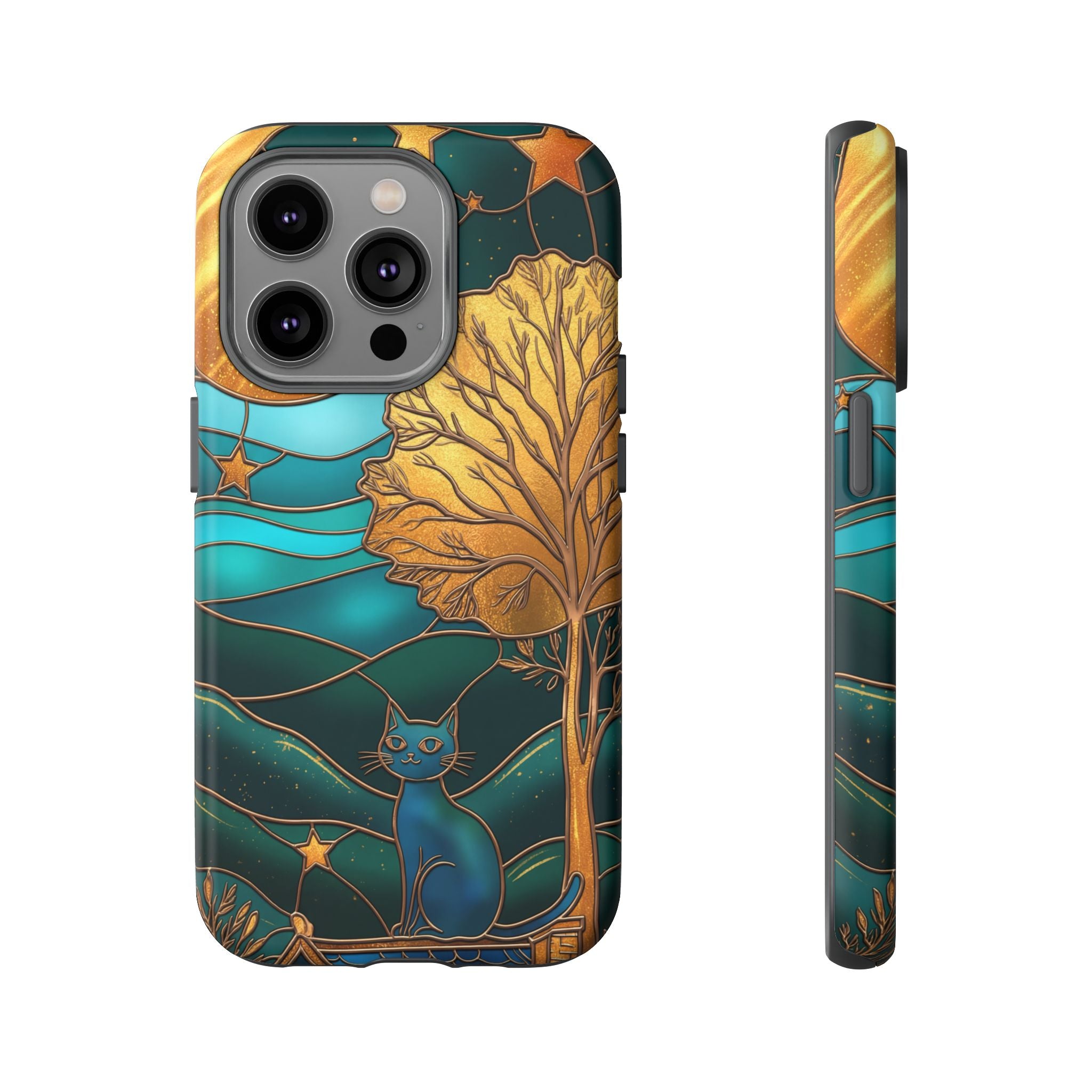 Stained Glass Cat Tough iPhone Case — Gold Tree & Starry Night Design