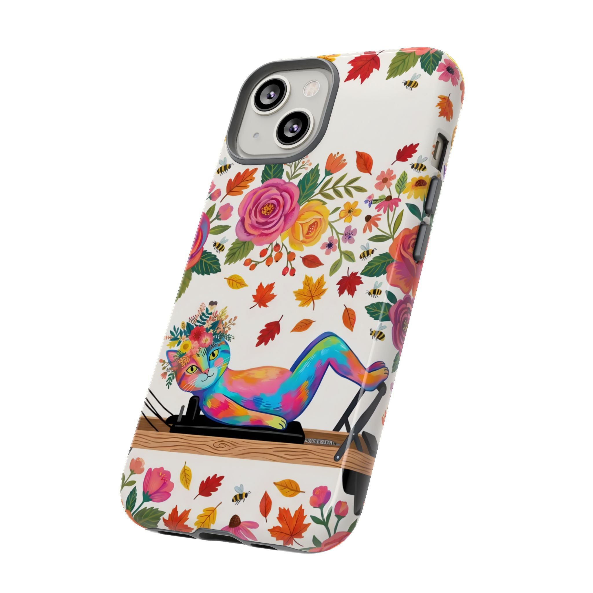Autumn Floral Pilates iPhone Case | Colorful Rainbow Pilates Cat on Falling Leaves