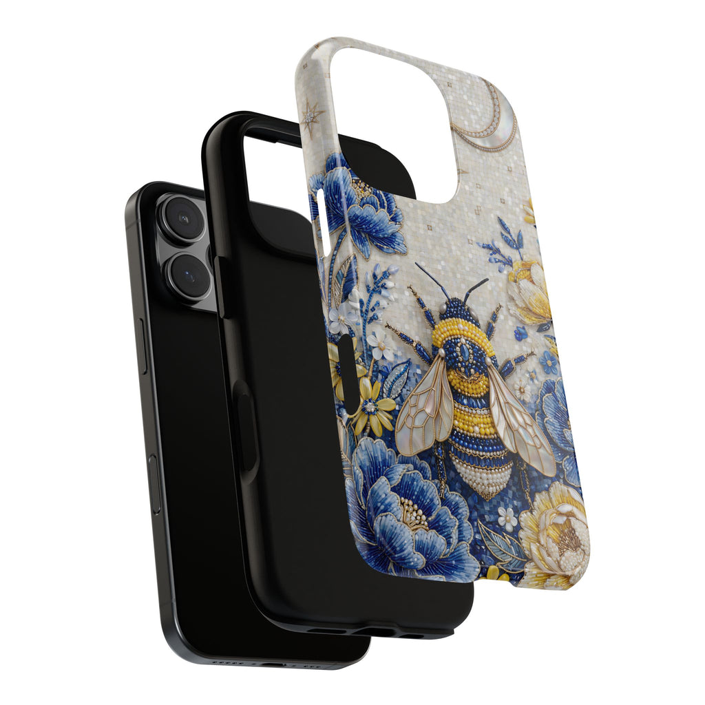 Floral Bee Tough iPhone Case | Blue & Yellow Moon Garden Design