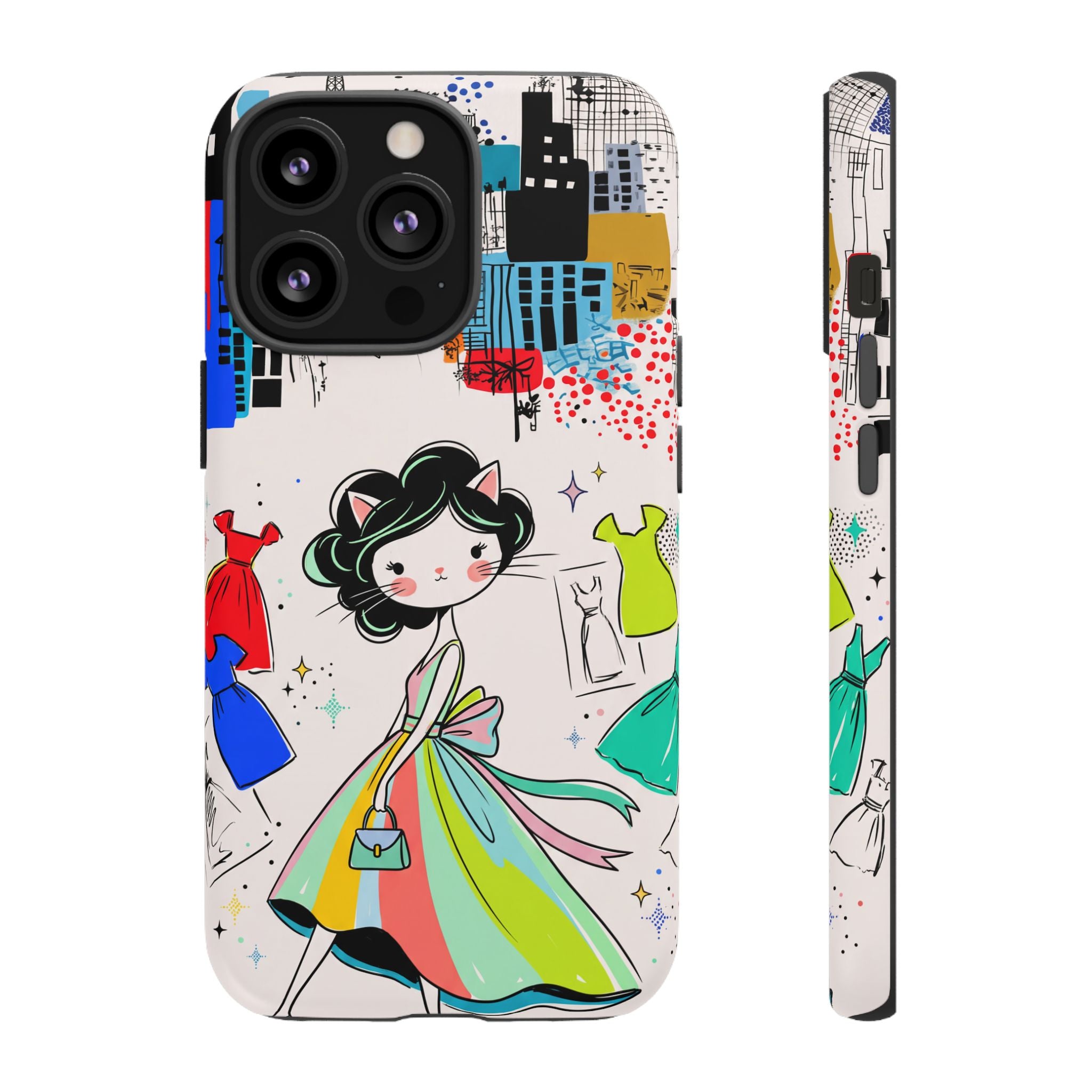 Retro Fashion Cat Girl iPhone Case | Cute Dress & City Print
