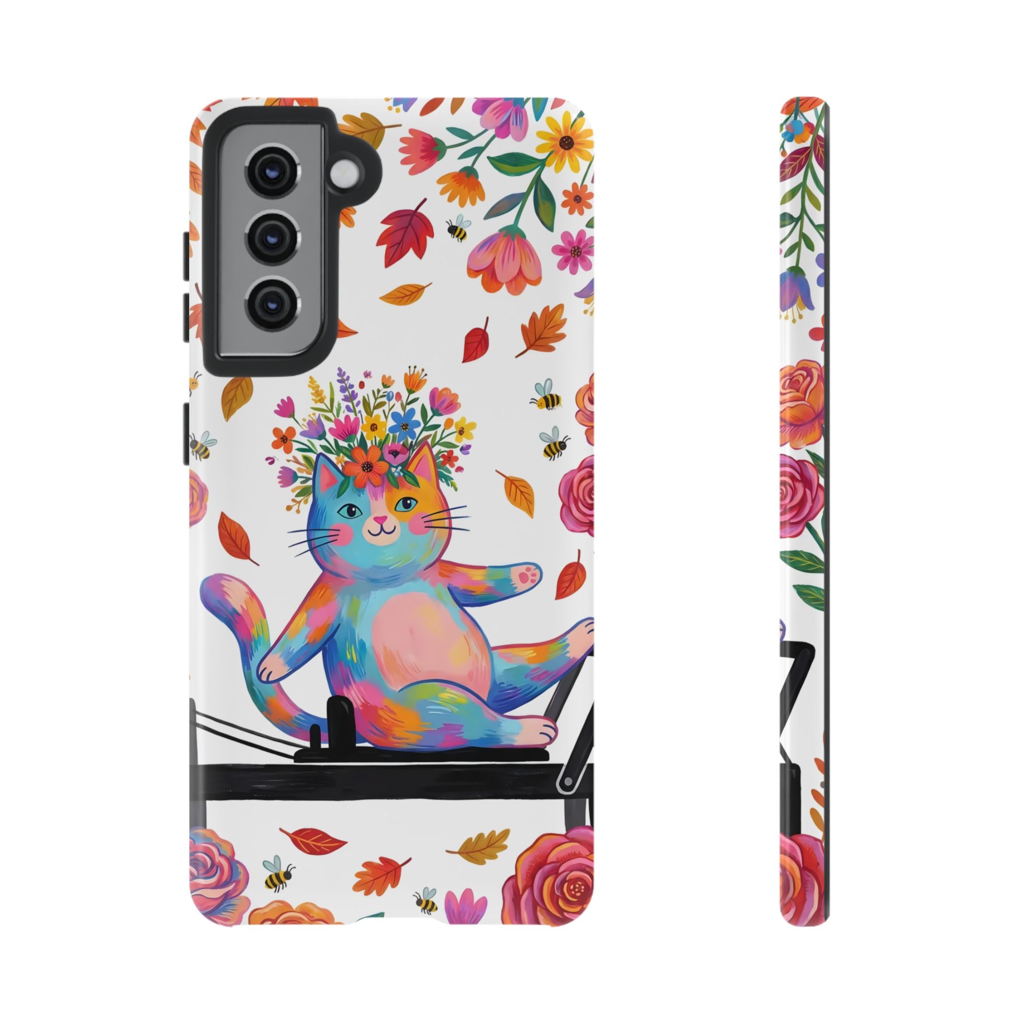 Colorful Floral Cat on Pilates Reformer Protective Samsung Galaxy Phone Case