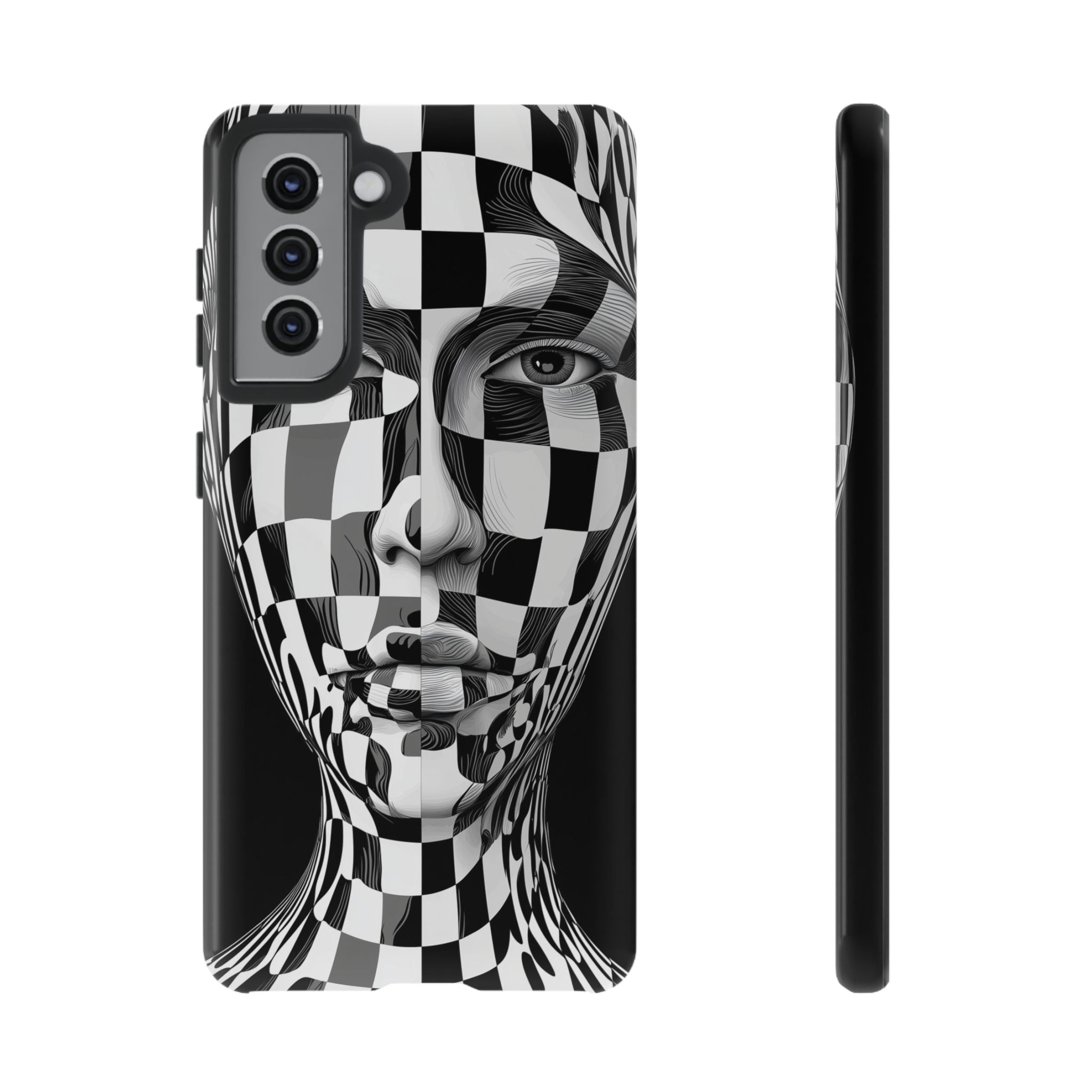 Checkerboard Face Tough Samsung Galaxy Case — Black & White Surreal Art Protective Cover