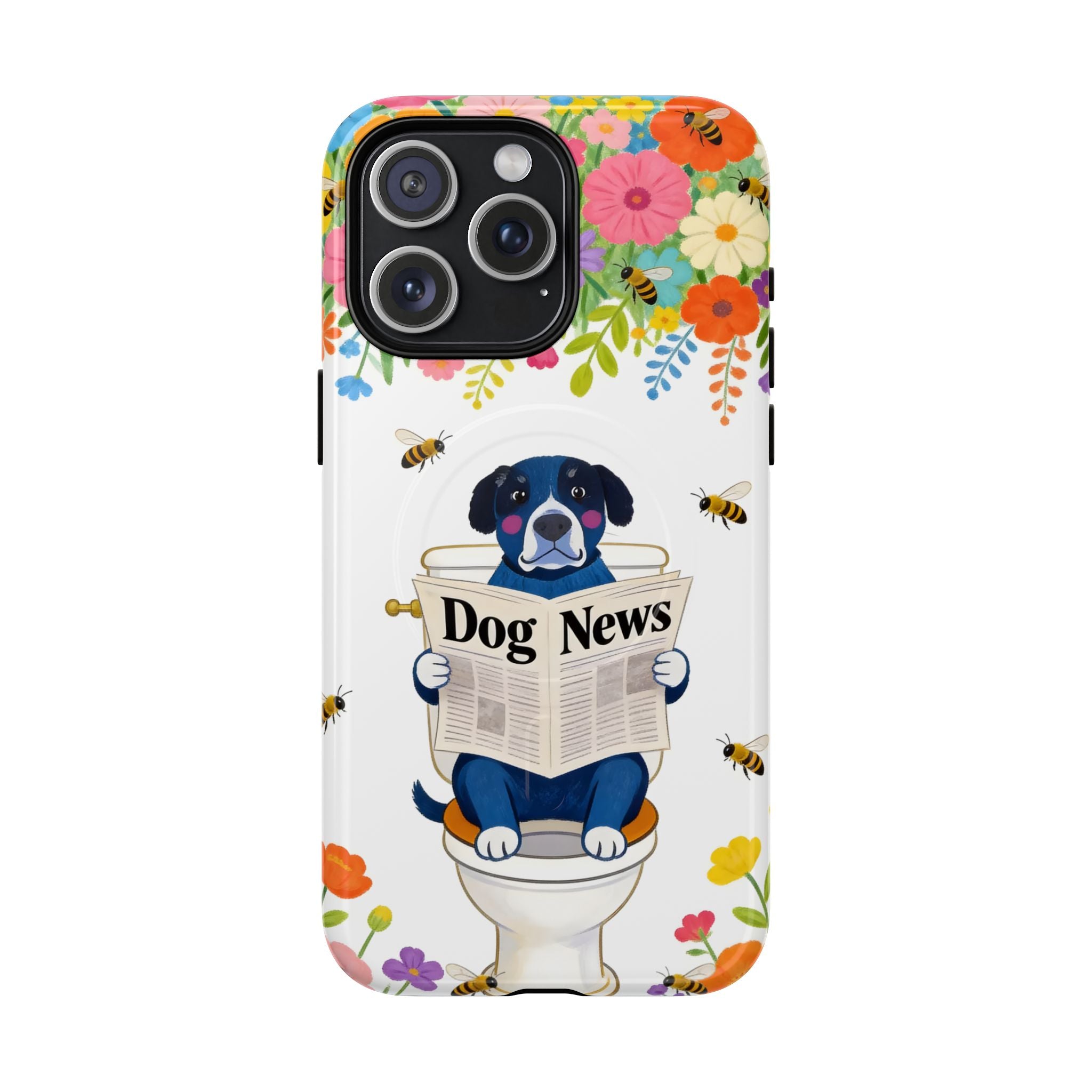Dog News Floral MagSafe iPhone Case | Cute Dog on Toilet Pattern, Spring Floral iPhone Cover