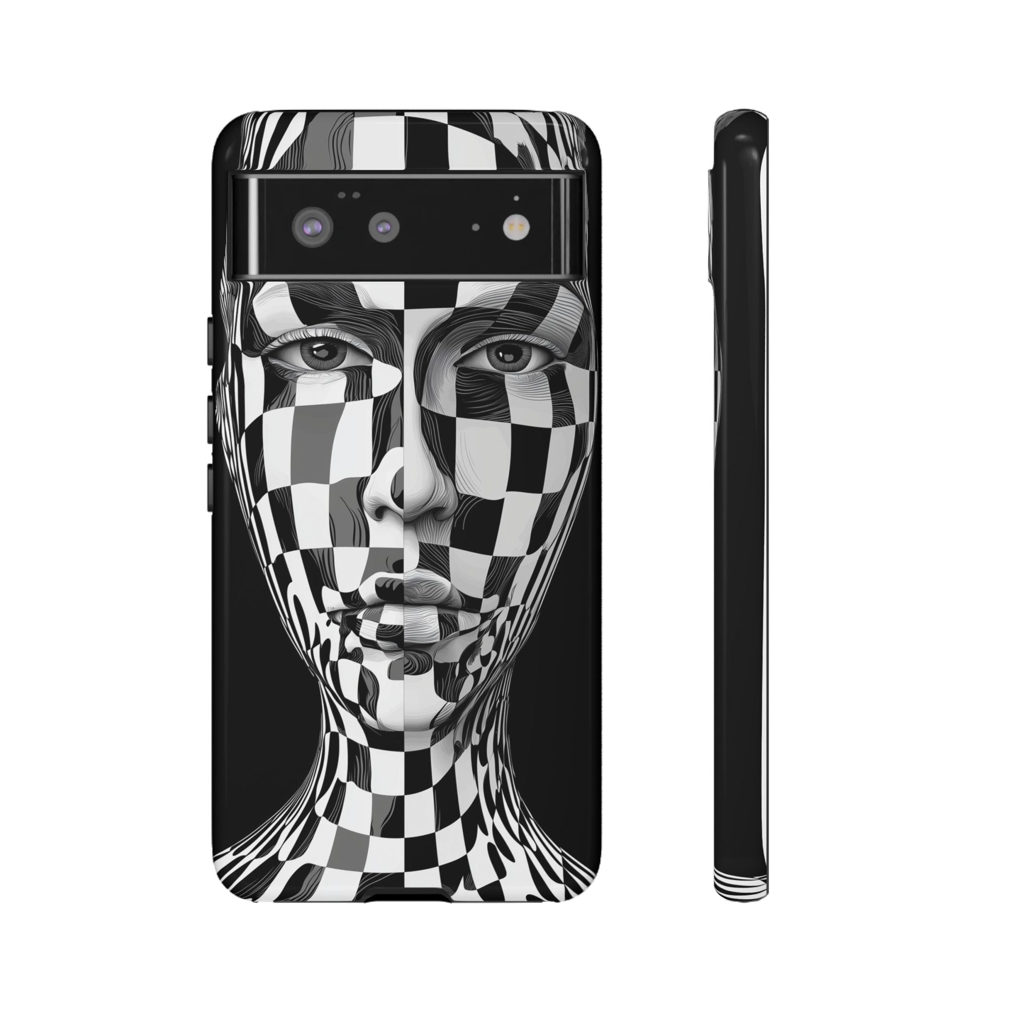 Checkerboard Face Tough Google Pixel Case — Black & White Surreal Art Protective Cover