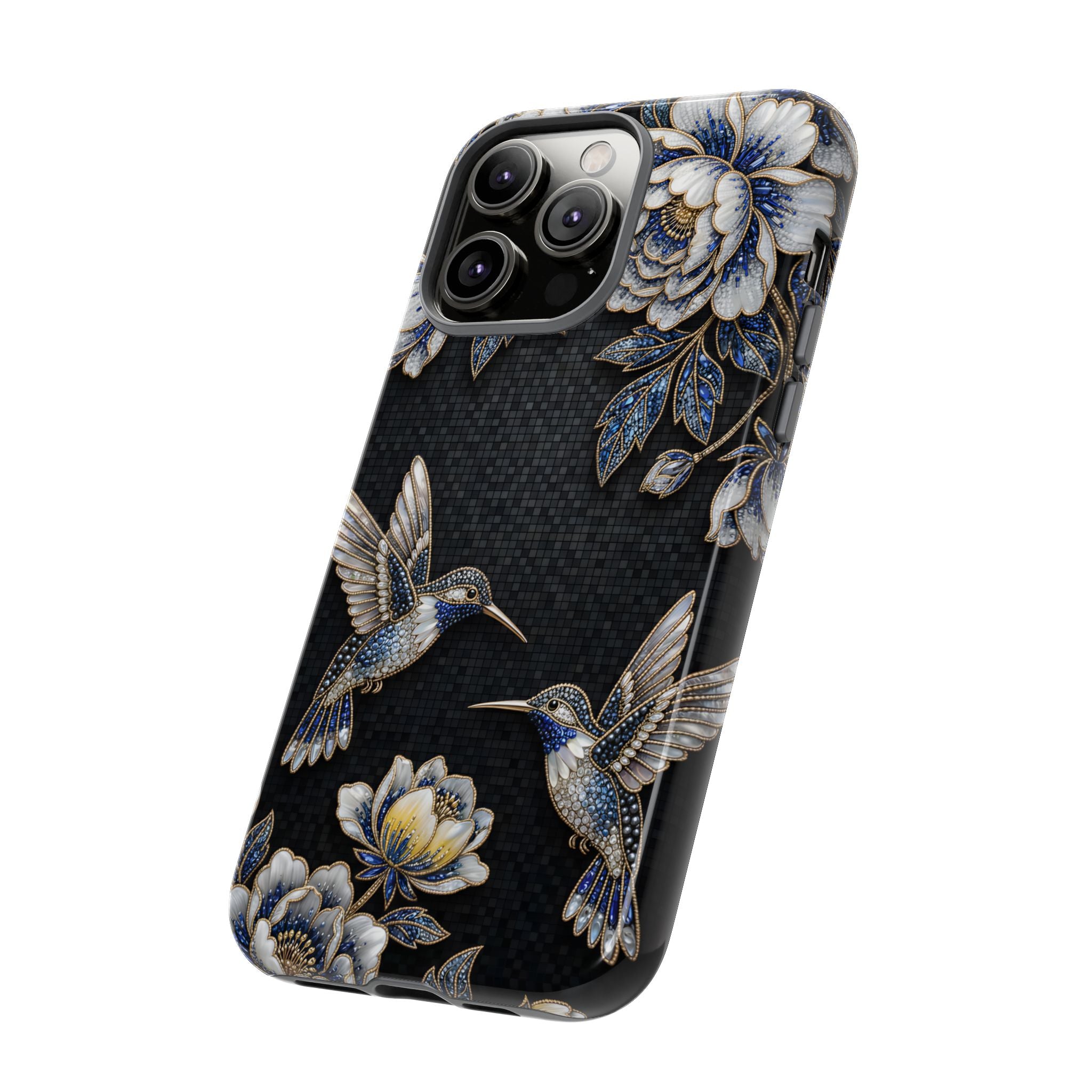 Hummingbird & Peony Floral iPhone Case | Elegant Black Protective Cover