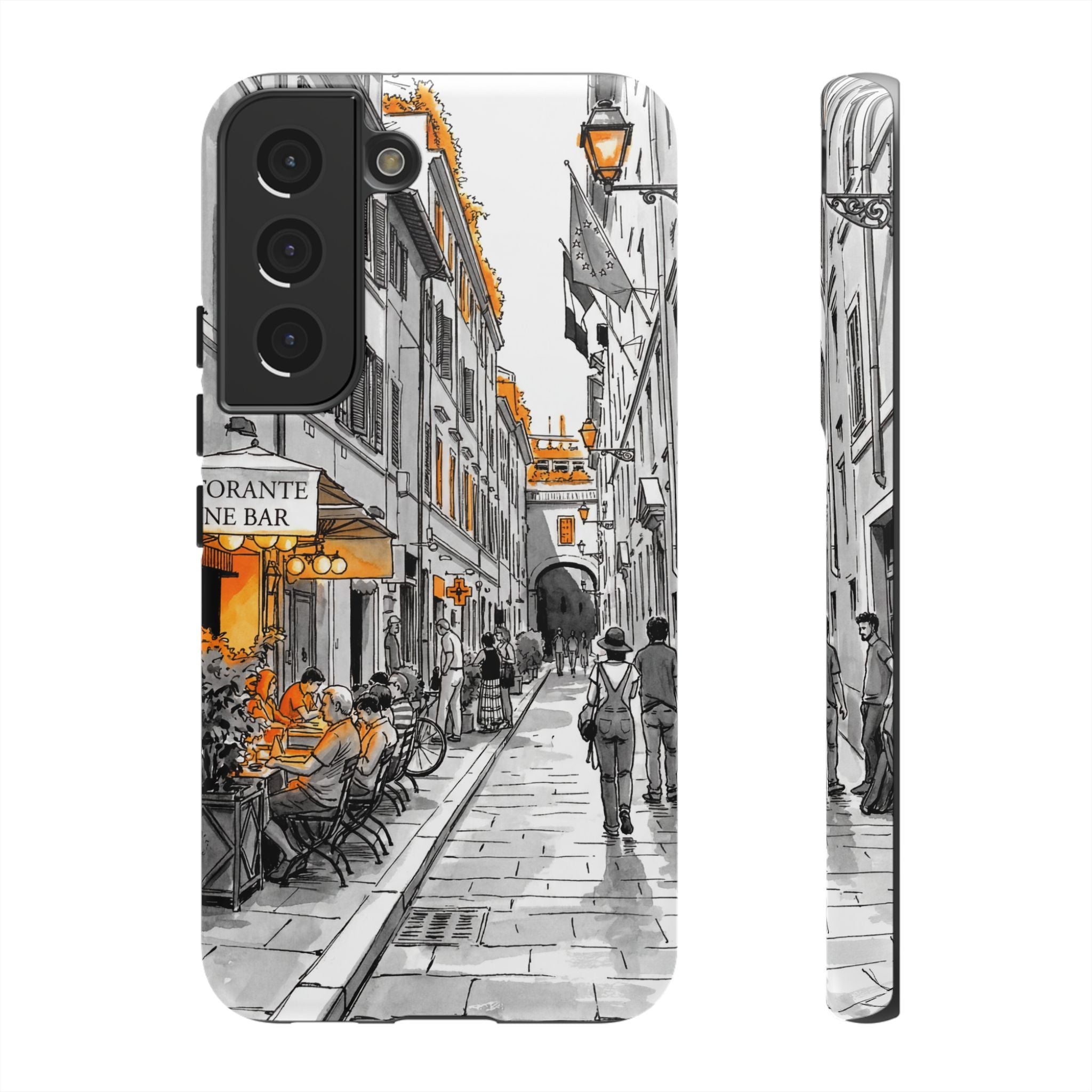 Italy Street Samsung Galaxy Case | Black & White Cityscape with Orange Accents