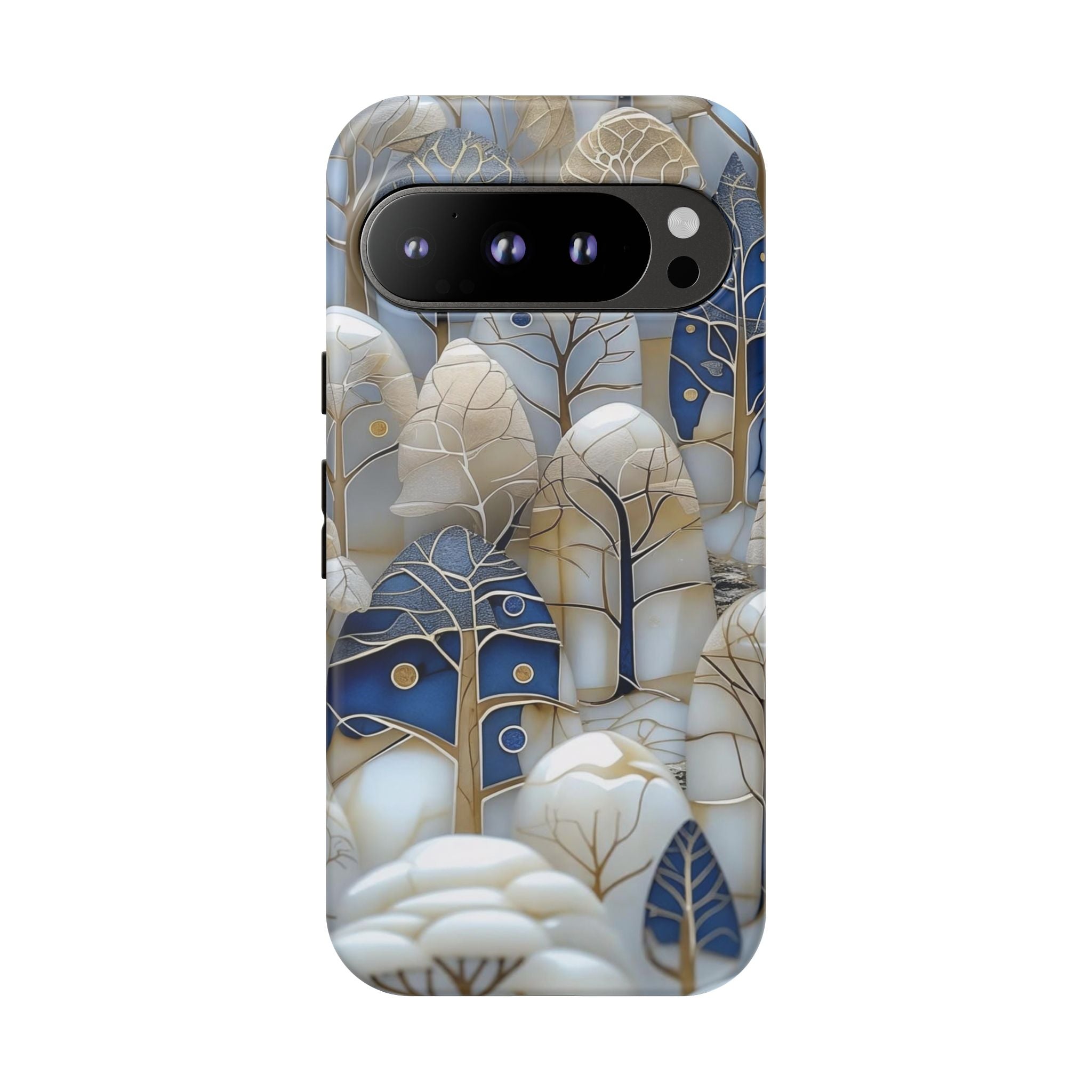 Blue Gold Winter Forest Google Pixel Case — Elegant Tree Pattern Tough Case