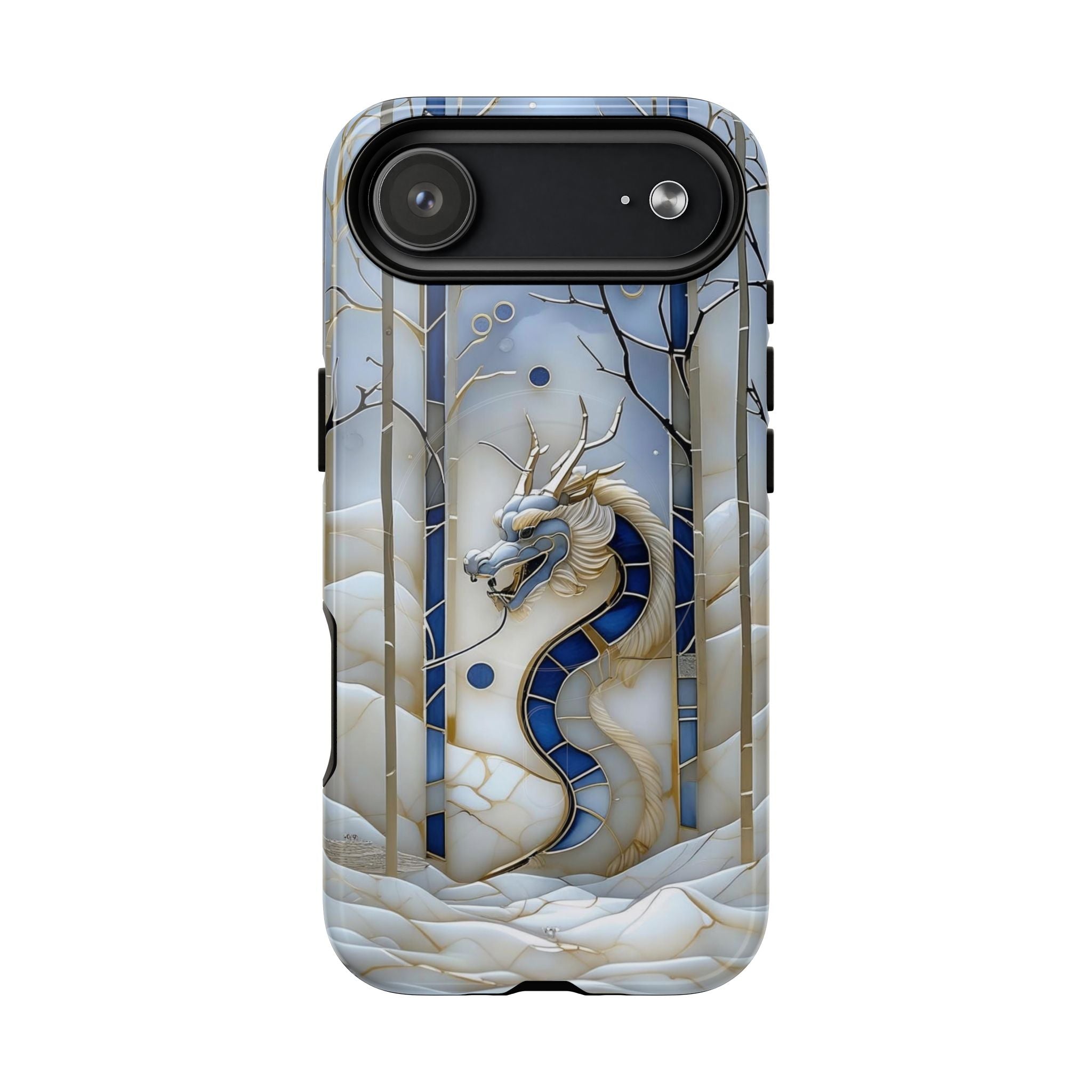 Dragon Stained Glass Tough MagSafe Phone Case — Blue & Ivory Medieval Art