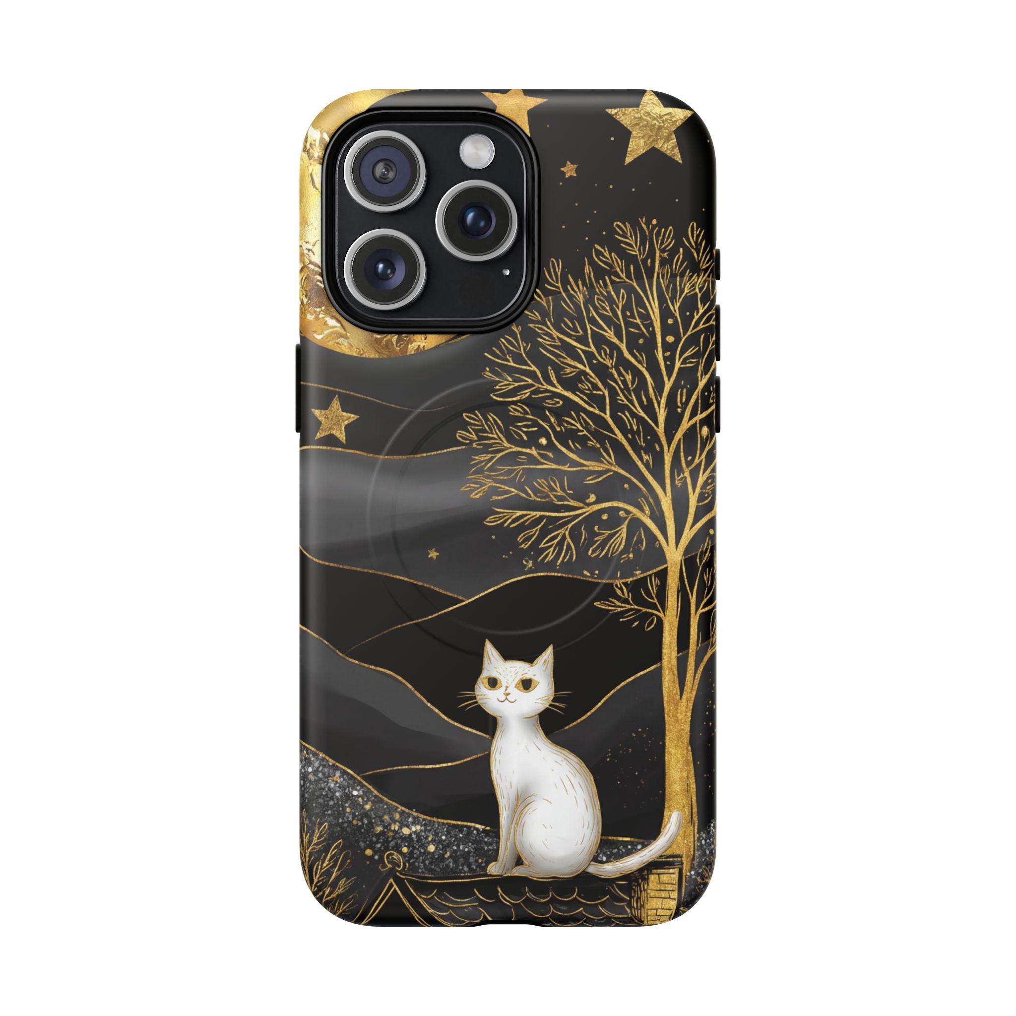 Custodia per iPhone Moonlit Cat | Custodia resistente MagSafe nera e oro