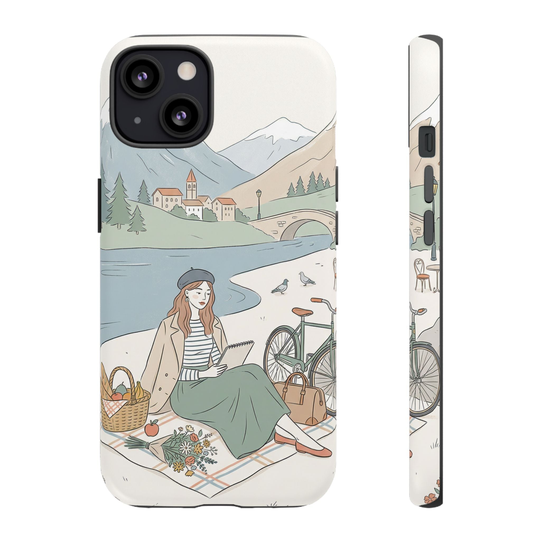 Scenic Picnic iPhone Case | Vintage Bicycle & Mountain Illustration