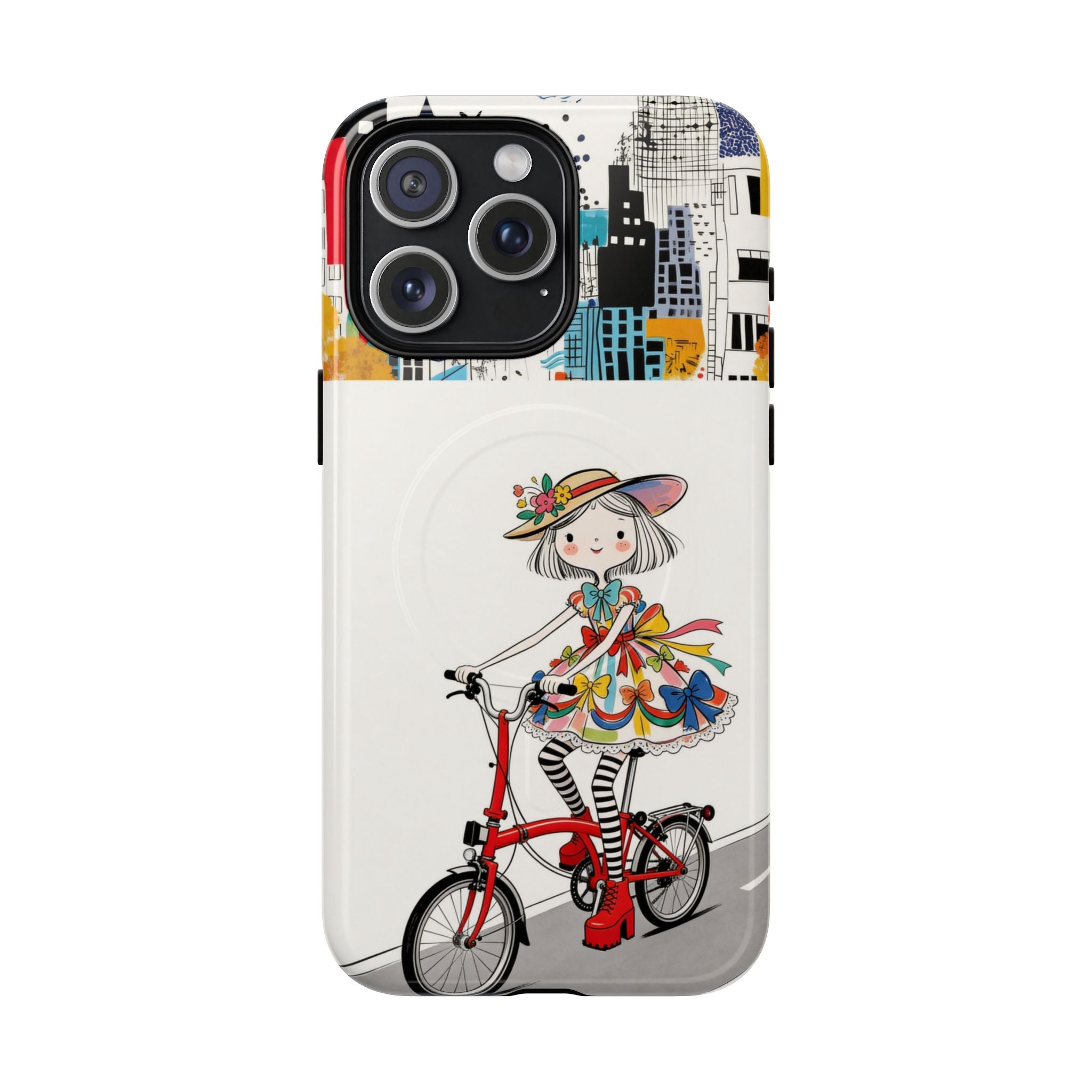 Whimsical Girl on Brompton Bicycle Urban Illustration MagSafe iPhone Case