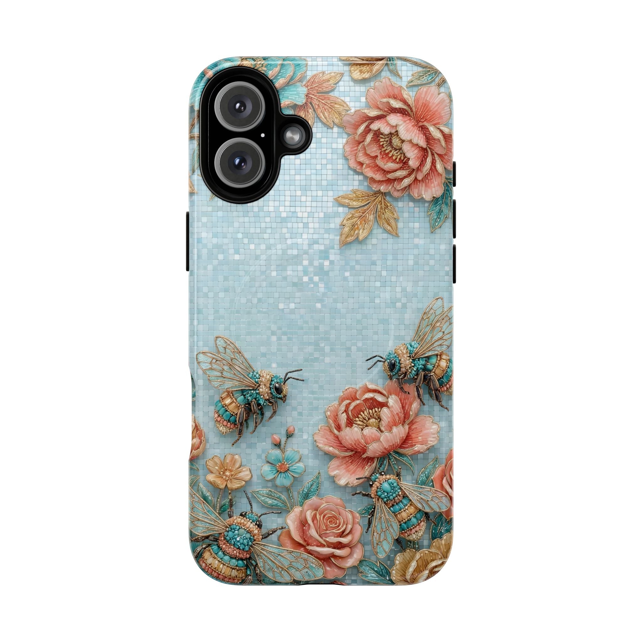 Floral Bees MagSafe iPhone Case | Vintage Rose & Turquoise Protective Cover