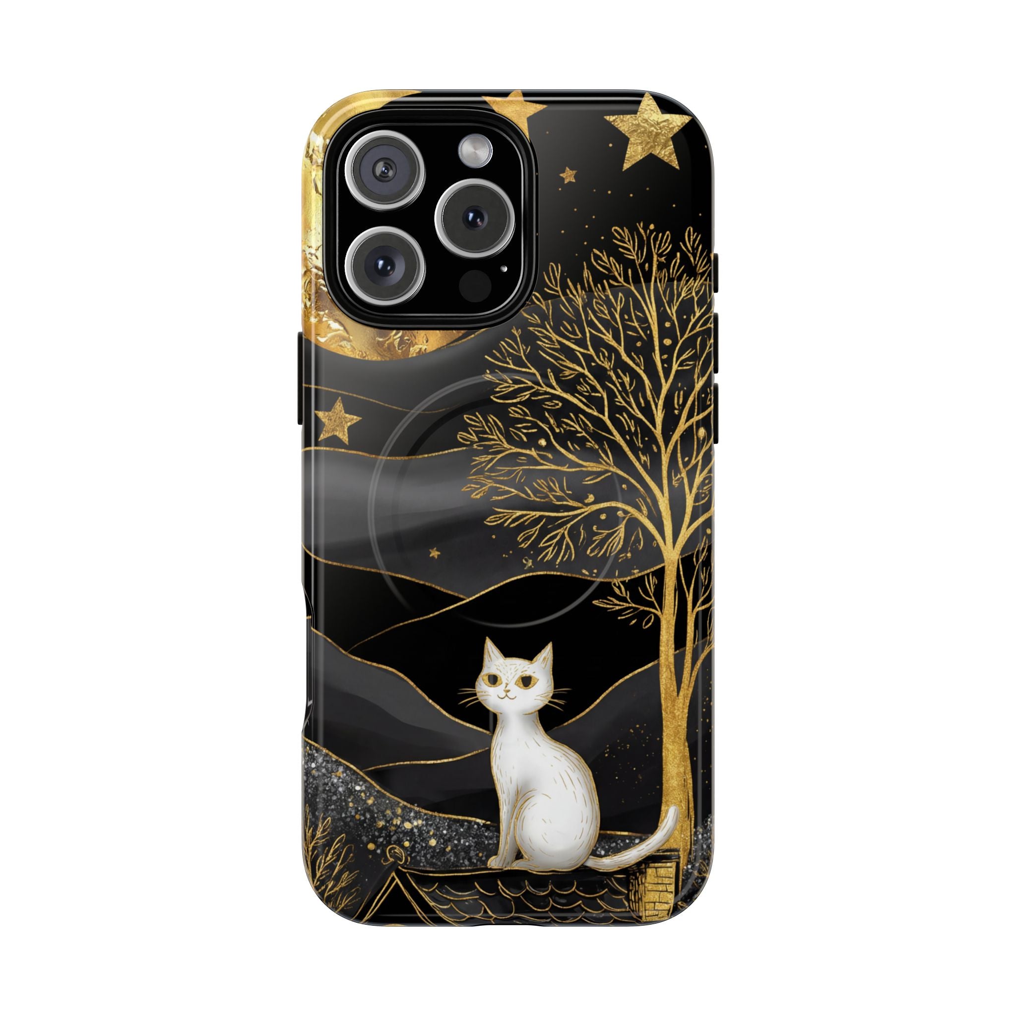 Custodia per iPhone Moonlit Cat | Custodia resistente MagSafe nera e oro