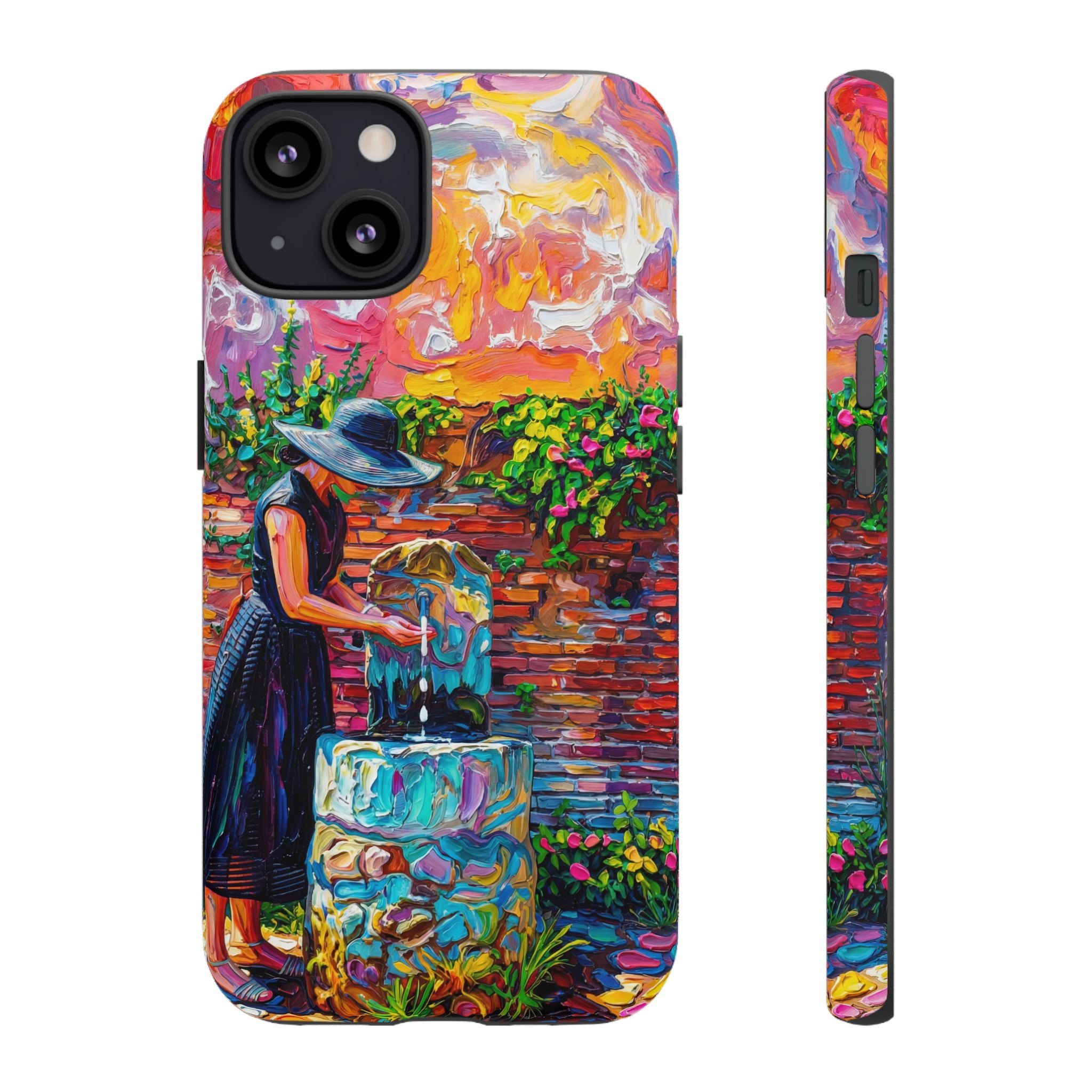 Artistic Garden iPhone Case | Woman at Fountain Colourful Painterly Design