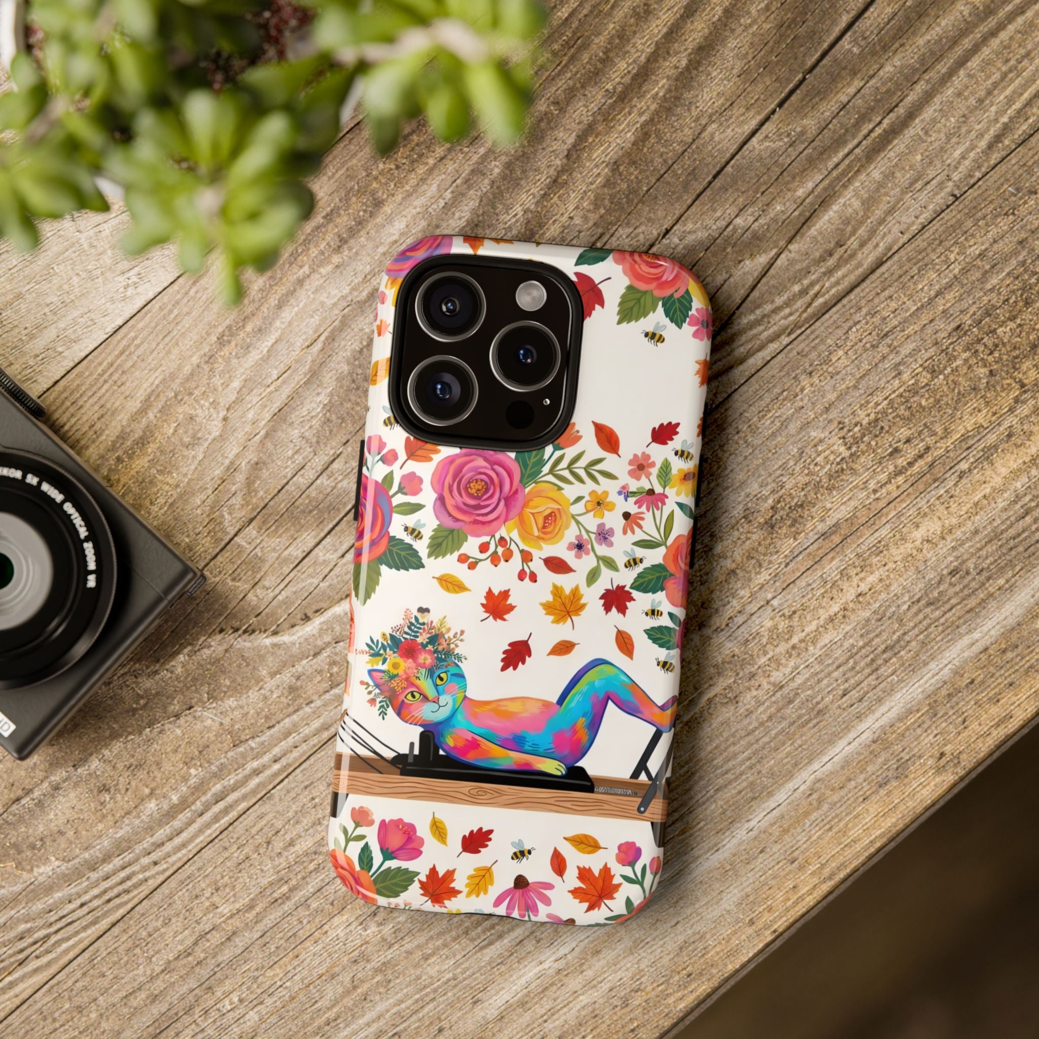 Autumn Floral Pilates iPhone Case | Colorful Rainbow Pilates Cat on Falling Leaves