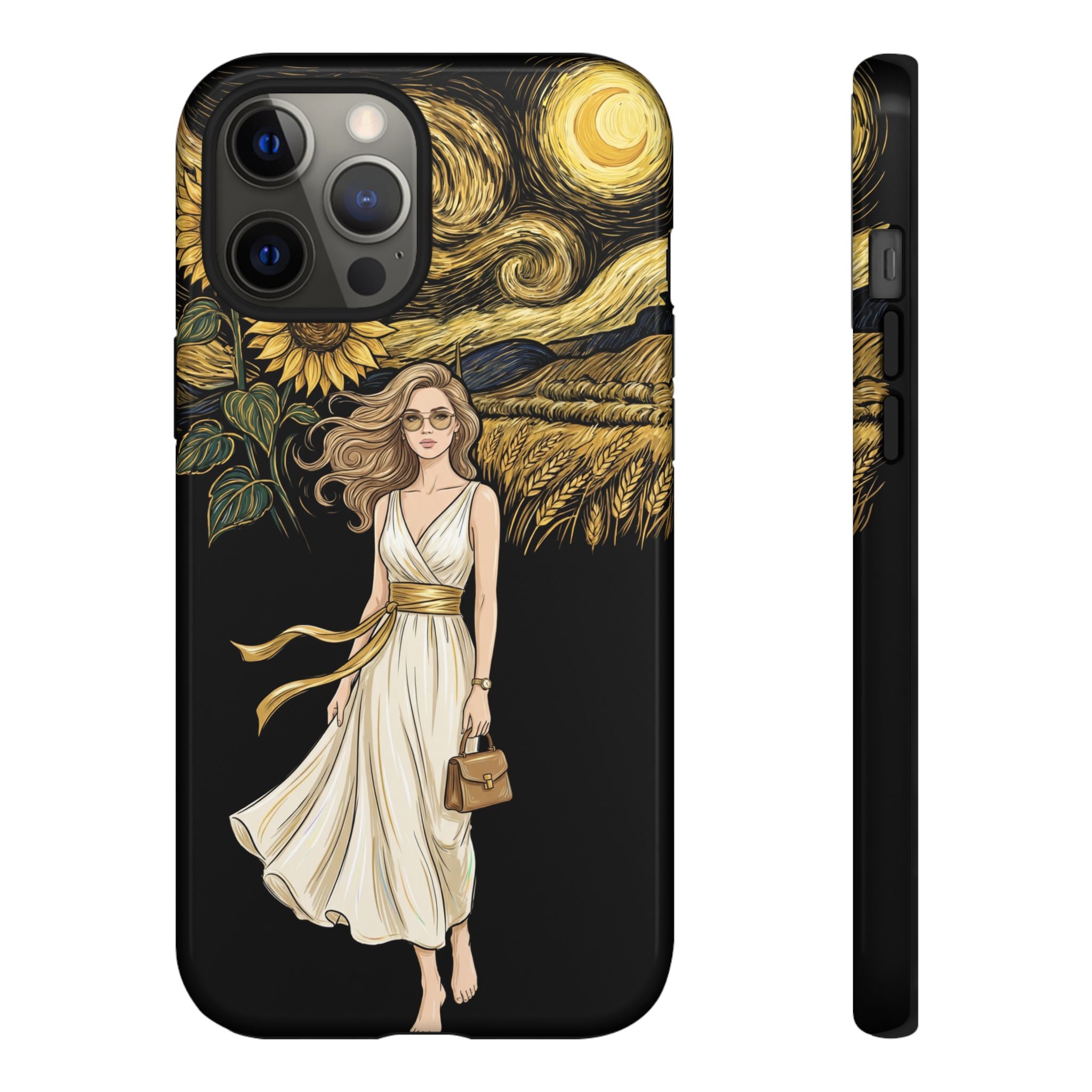 Sunflower Night iPhone Case | Woman in Flowing Dress Van Gogh Style