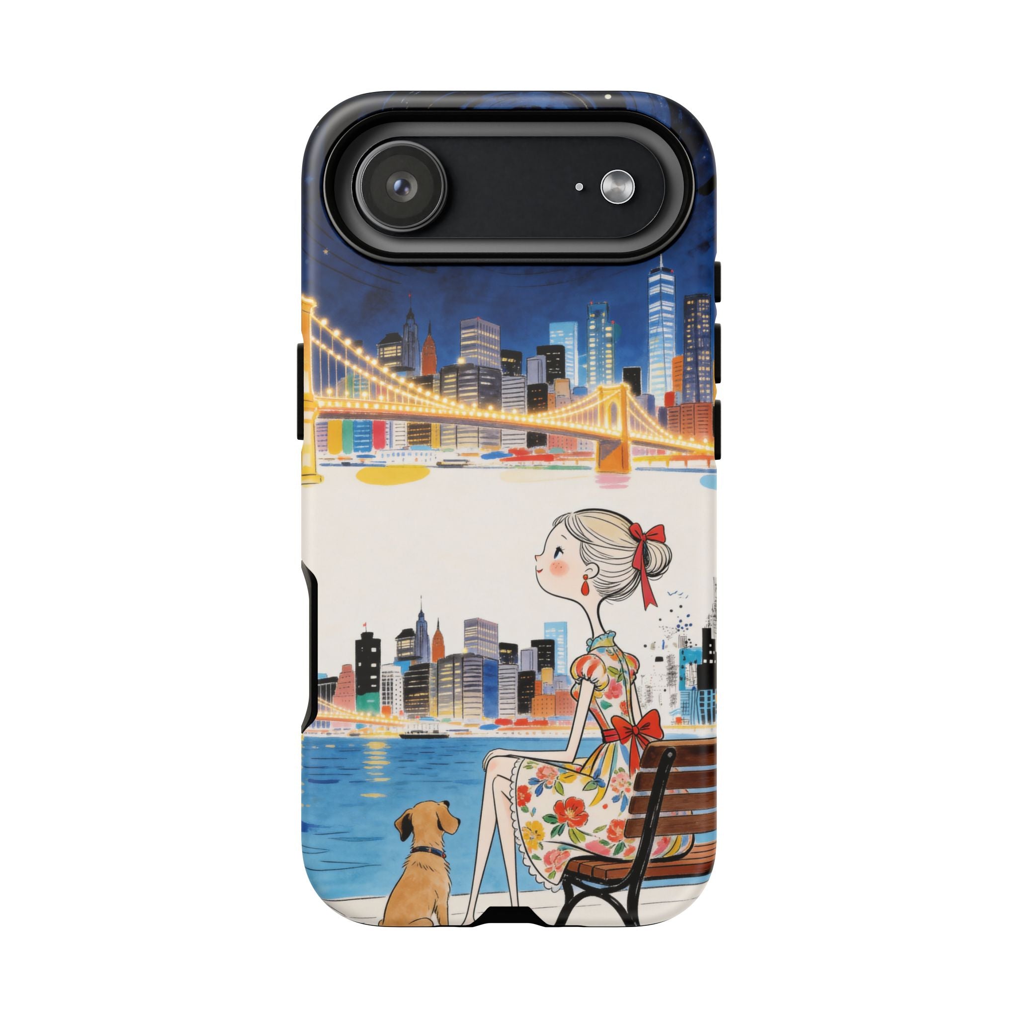 City Night iPhone Case | Cute Girl & Dog Bench Illustration