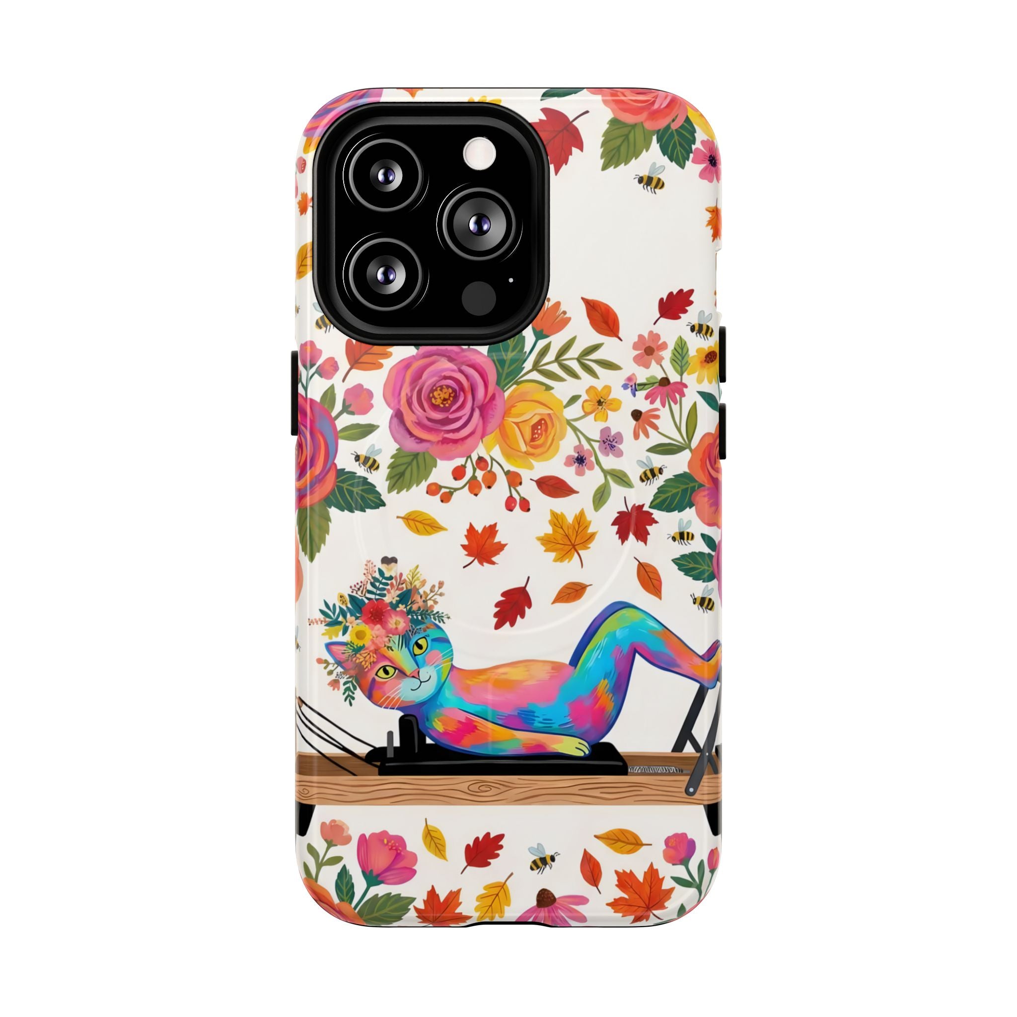 Autumn Floral Pilates MagSafe iPhone Case | Colorful Rainbow Pilates Cat on Falling Leaves