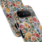 Floral Embroidered Pattern Tough Google Pixel Case — Colourful Daisy & Wildflower Design
