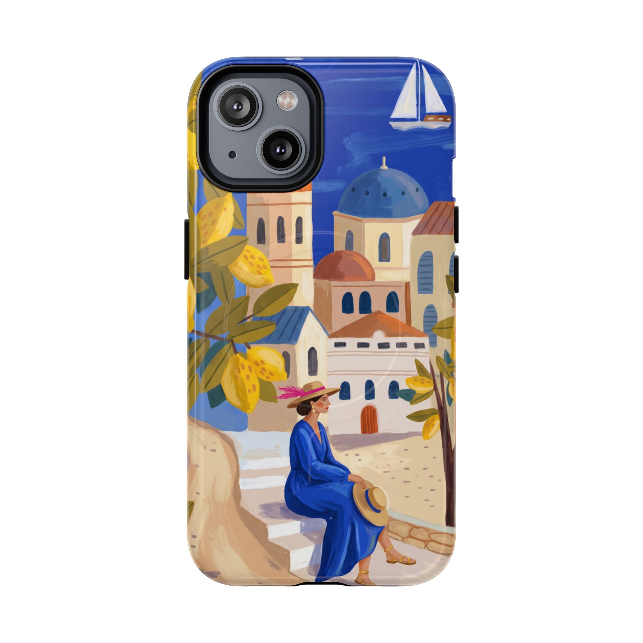 Mediterranean Village MagSafe iPhone Case | Scenic Sailboat & Lemon Grove Design