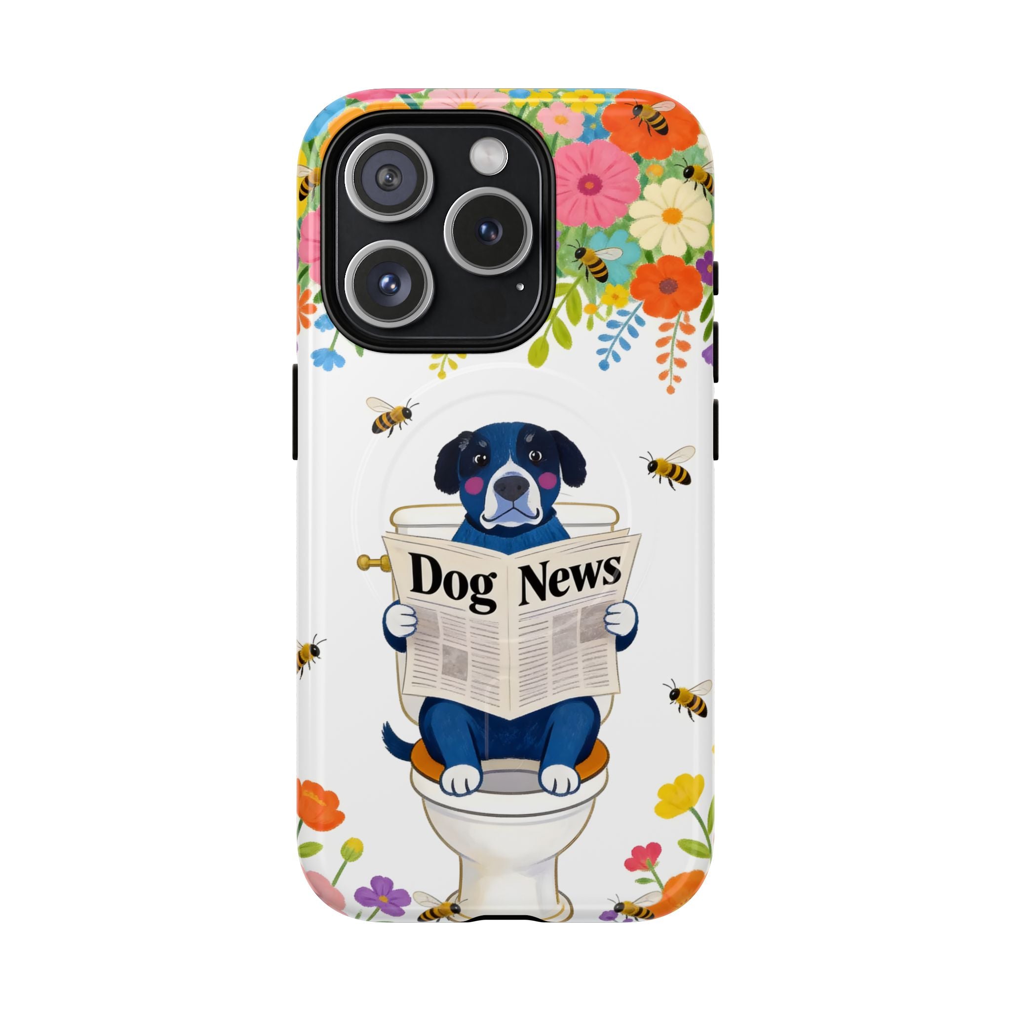 Dog News Floral MagSafe iPhone Case | Cute Dog on Toilet Pattern, Spring Floral iPhone Cover