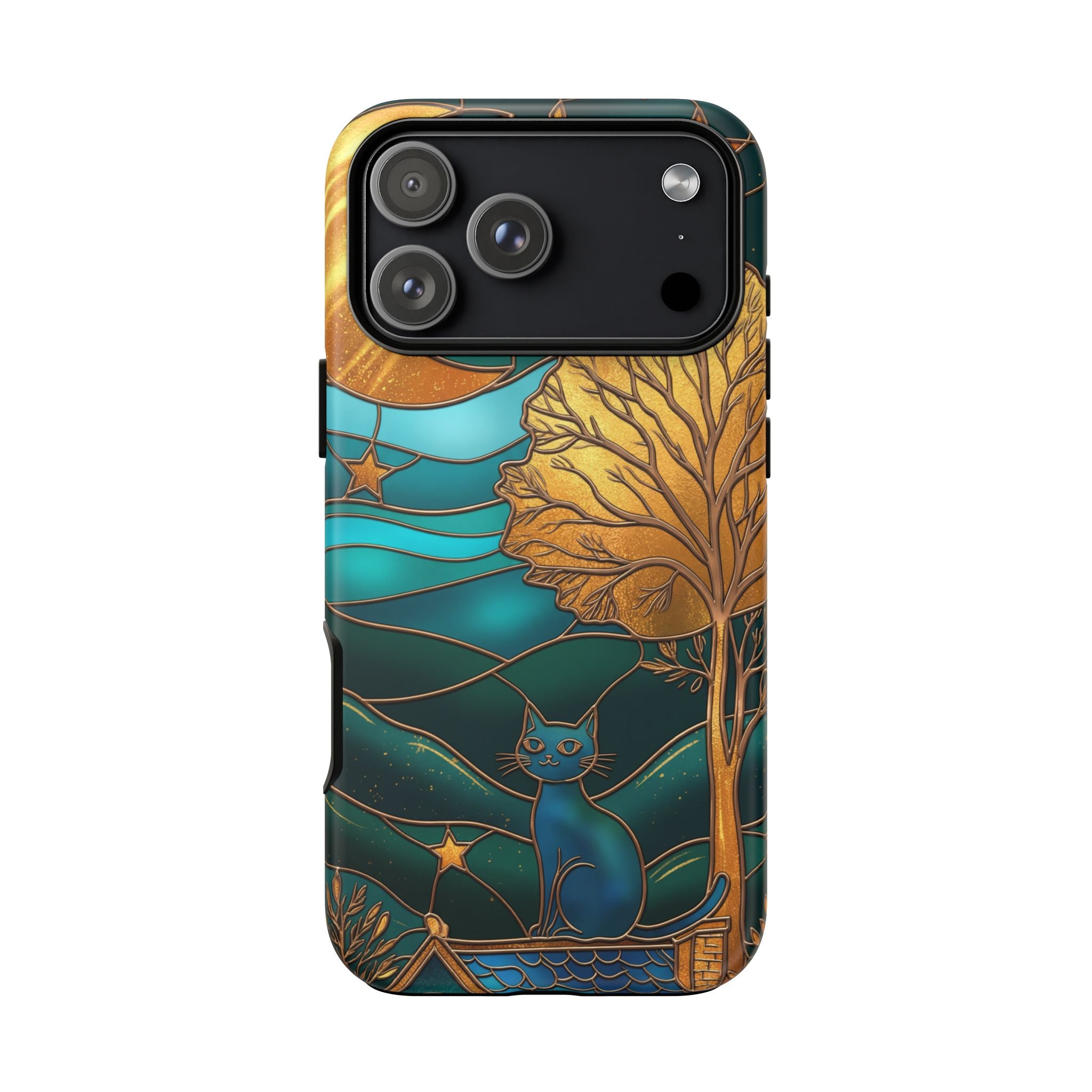 Stained Glass Cat Tough iPhone Case — Gold Tree & Starry Night Design