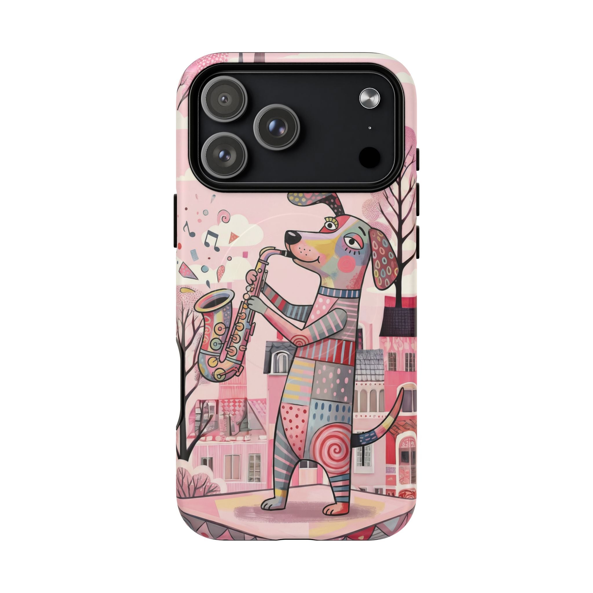 Saxophone Dog MagSafe iPhone Case | Cute Pink Musical Art Protective Case