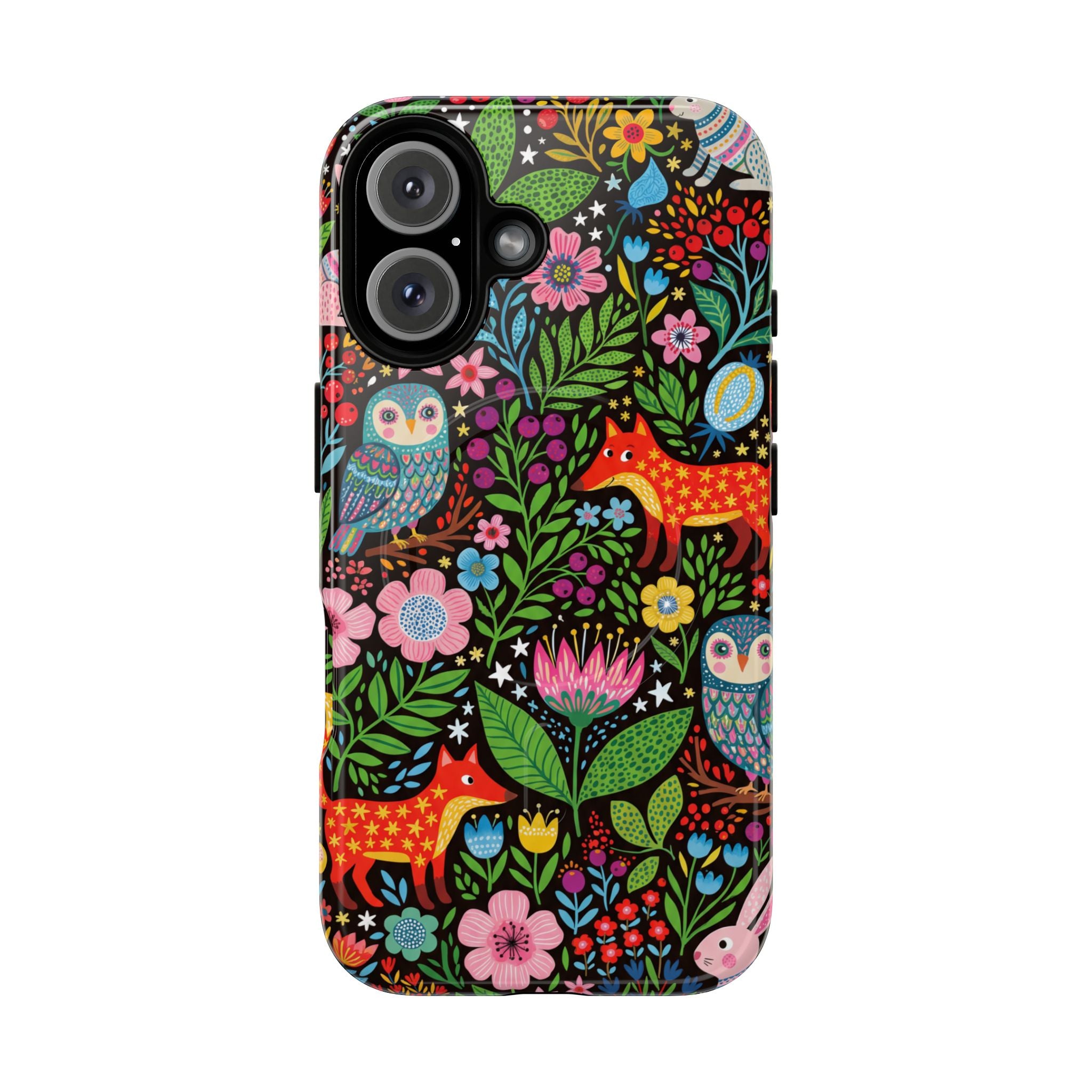 Floral Woodland MagSafe iPhone Case | Colourful Fox & Owl Protective Cover