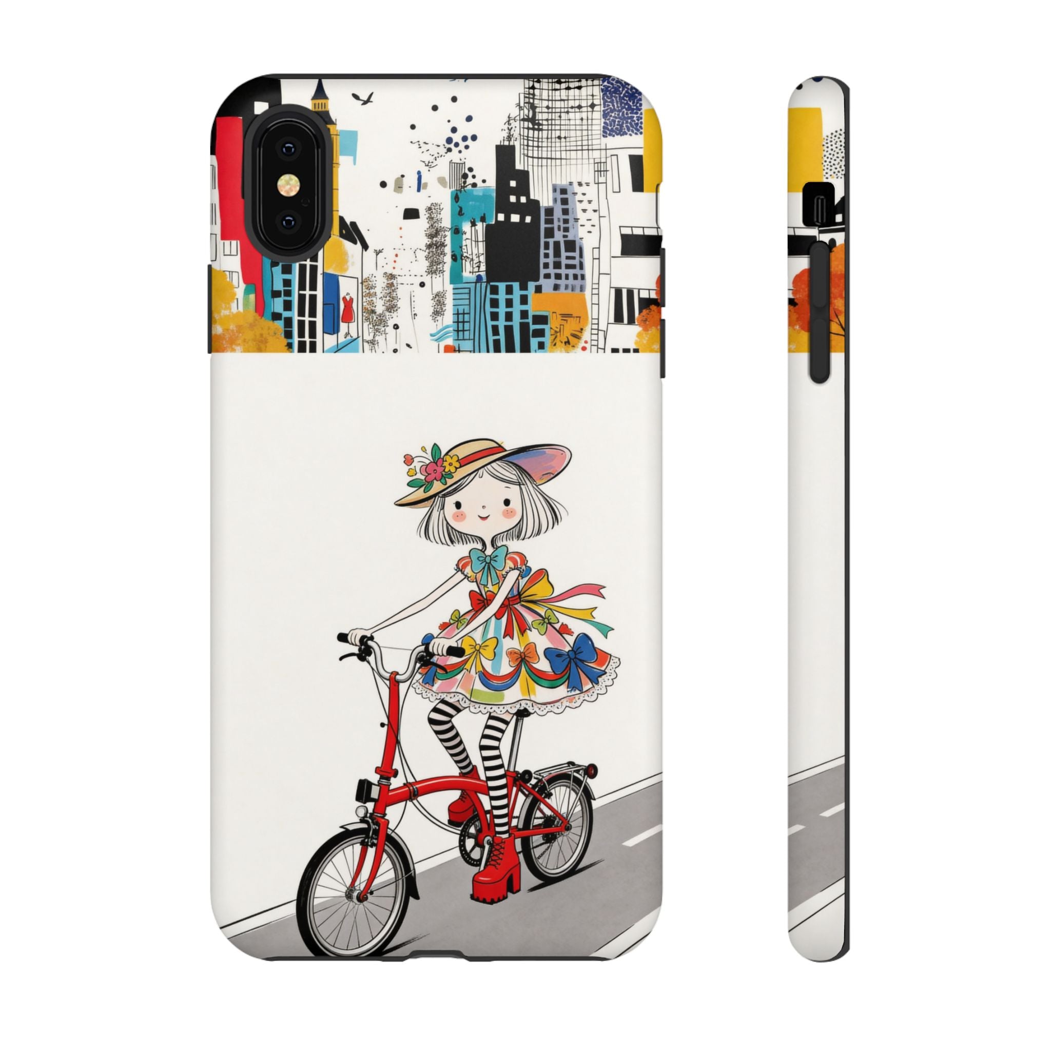 Whimsical Girl on Brompton Bicycle Urban Illustration iPhone Case