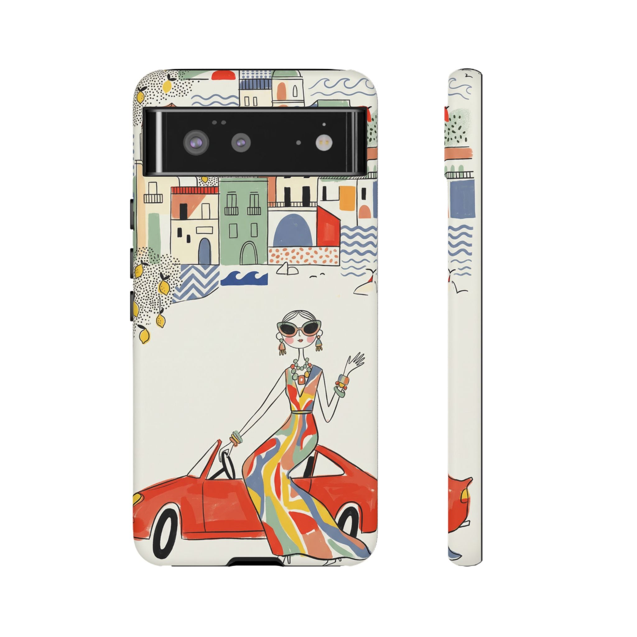 Stylish Riviera Google Pixel Phone Case | Chic Retro Woman in Convertible Design