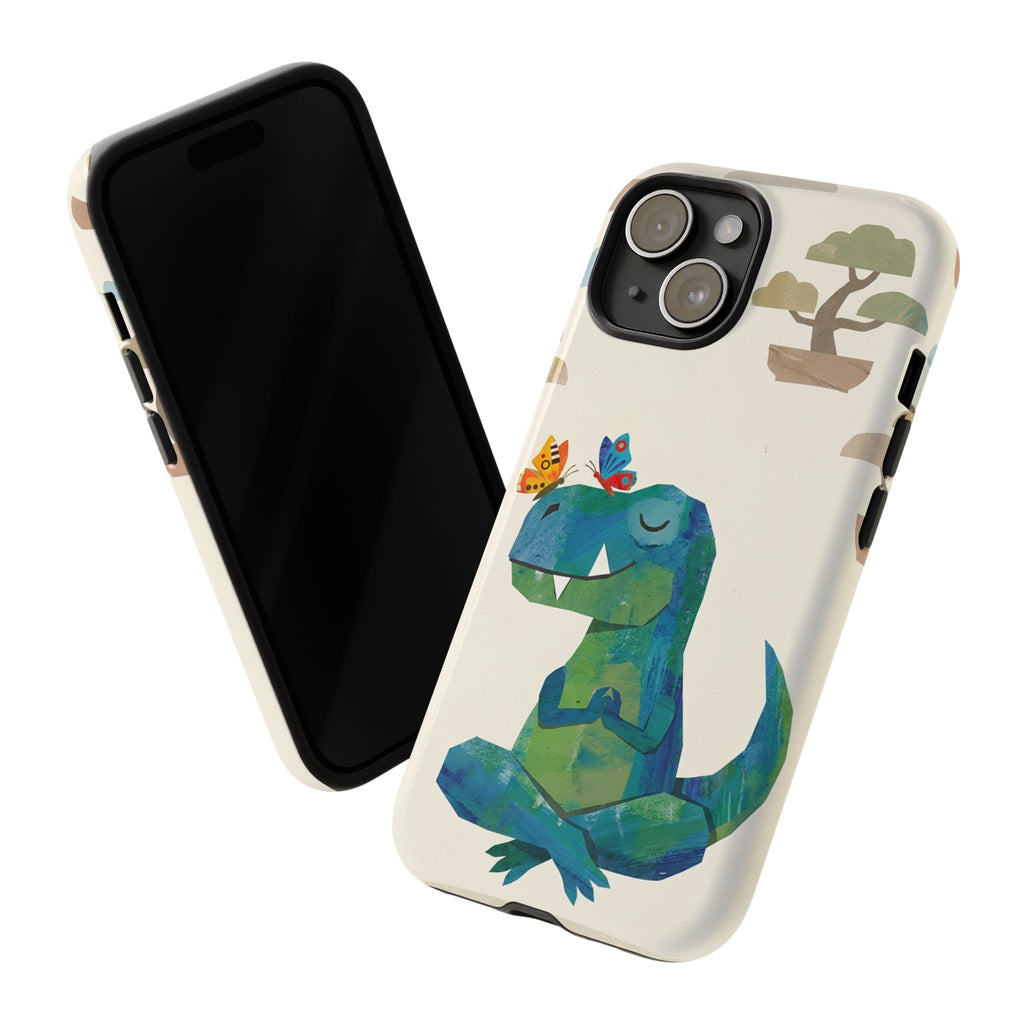 Meditating Dinosaur iPhone Case | Cute T-Rex with Butterflies and Bonsai