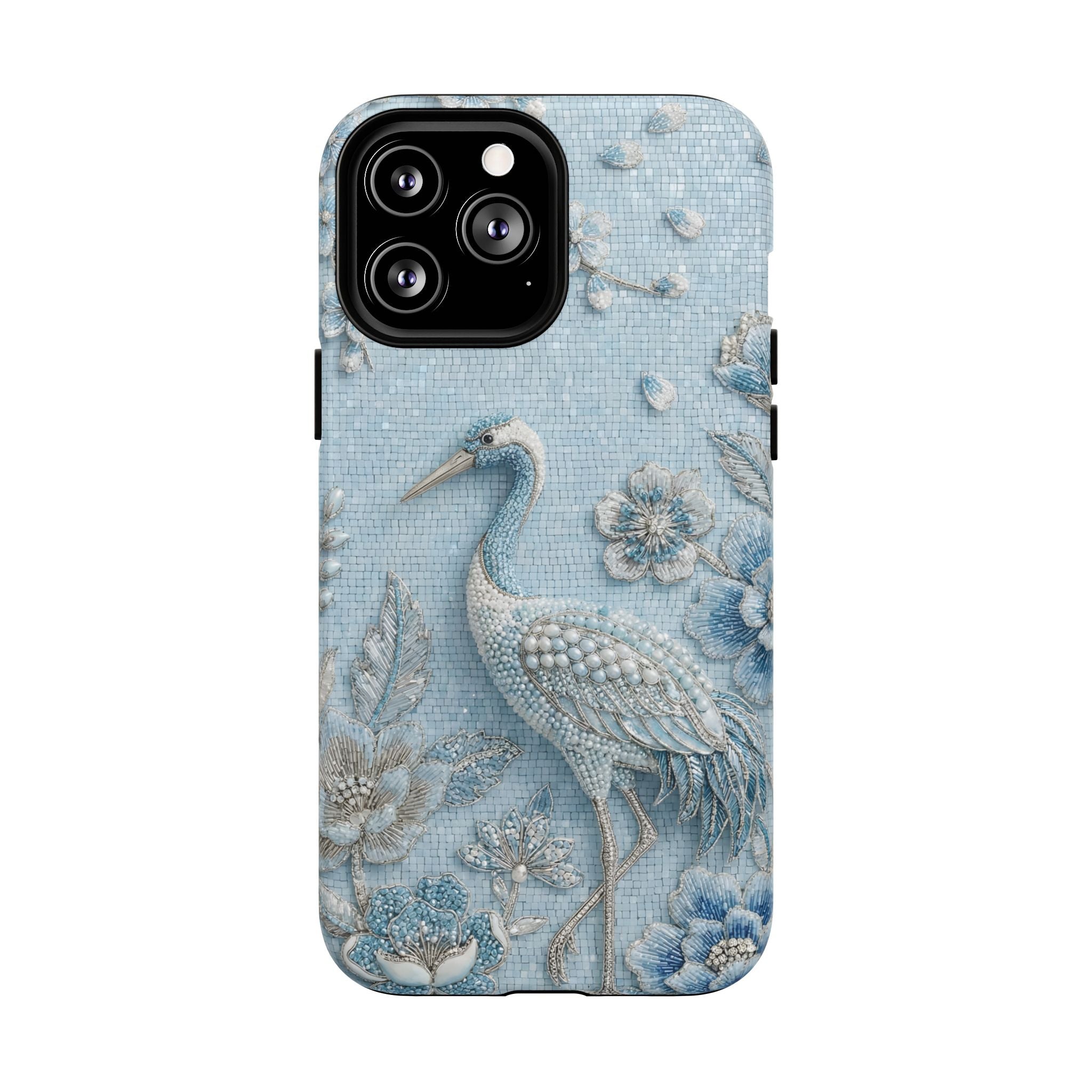 Blue Crane Floral MagSafe iPhone Case | Vintage Embossed Bird Design
