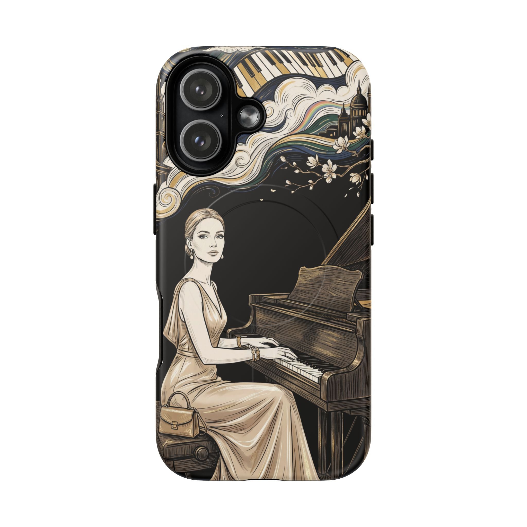 Elegant Piano Woman MagSafe iPhone Case | Vintage Art Deco Music Design