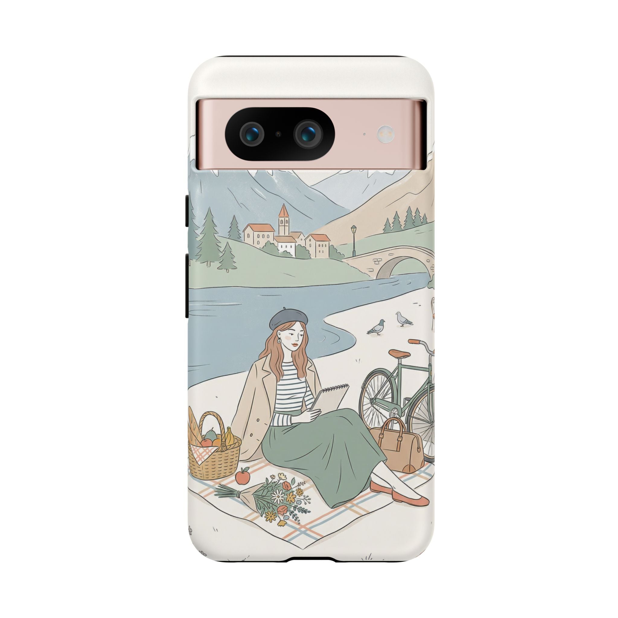 Scenic Picnic Google Pixel Phone Case | Vintage Bicycle & Mountain Illustration