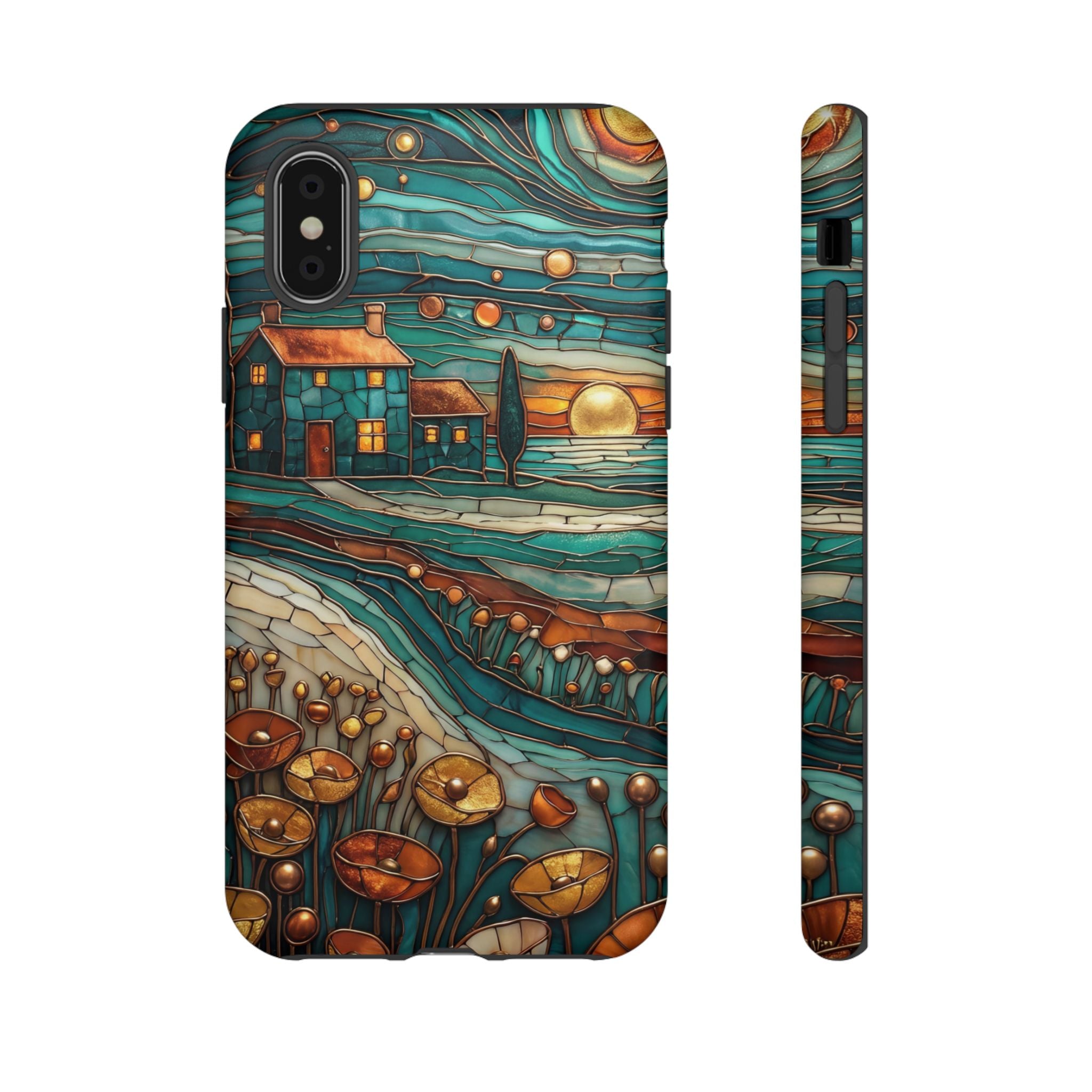 Artistic Sunset Cottage iPhone Case | Whimsical Floral Landscape Protective Cover