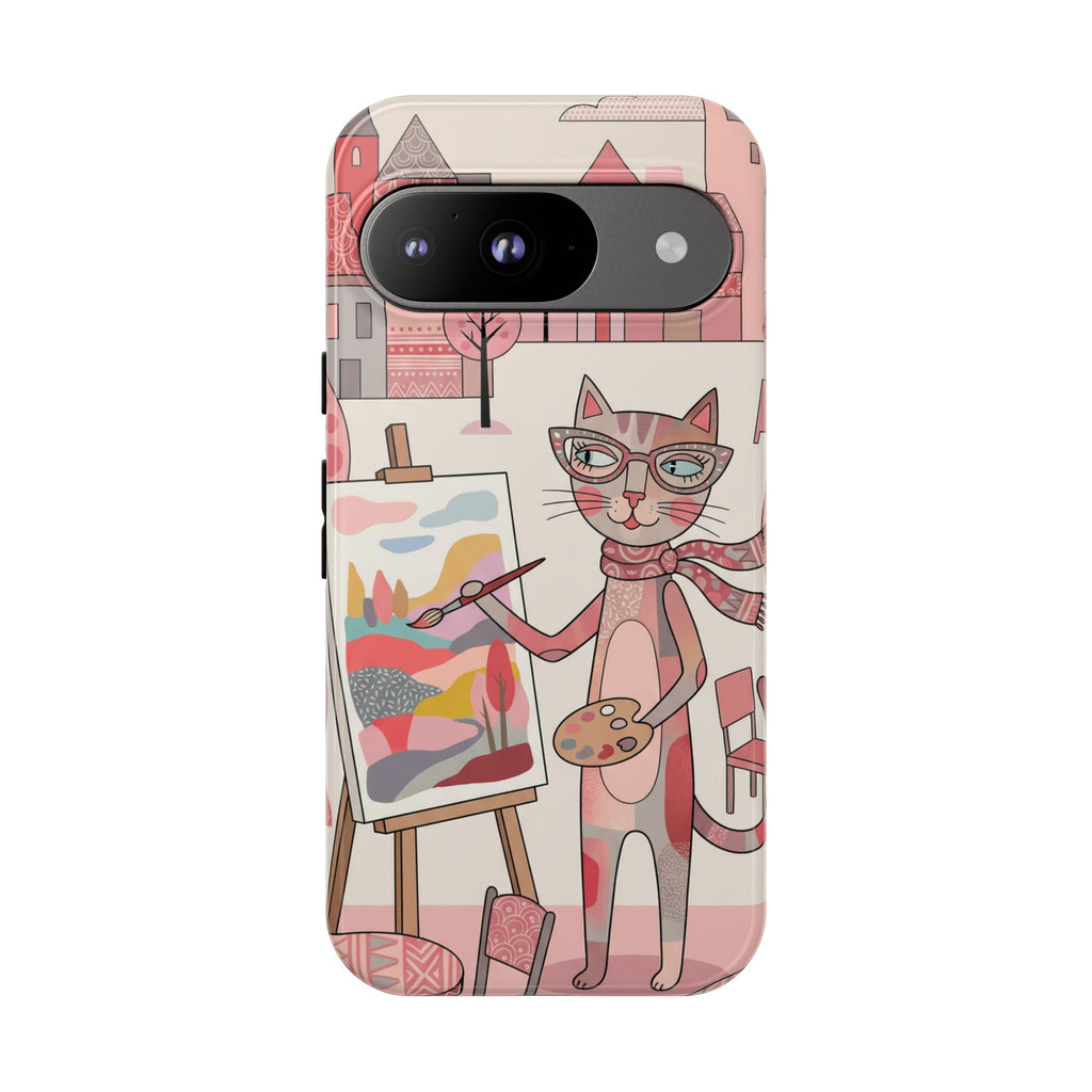 Artistic Cat Google Pixel Phone Case | Painter Kitty Illustration Tough Case