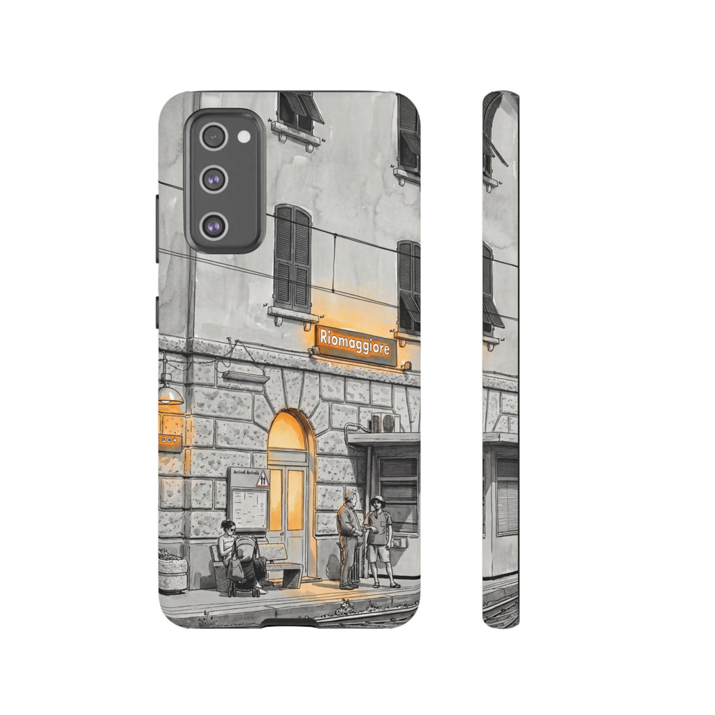 Custodia per Samsung Galaxy con stazione ferroviaria Cinque Terre | Schizzo in bianco e nero con accenti gialli caldi