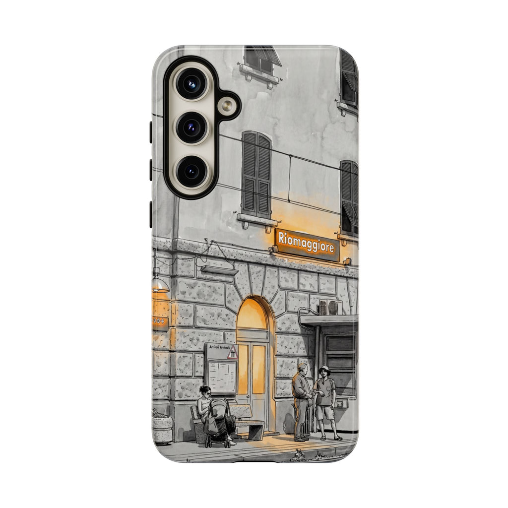 Custodia per Samsung Galaxy con stazione ferroviaria Cinque Terre | Schizzo in bianco e nero con accenti gialli caldi