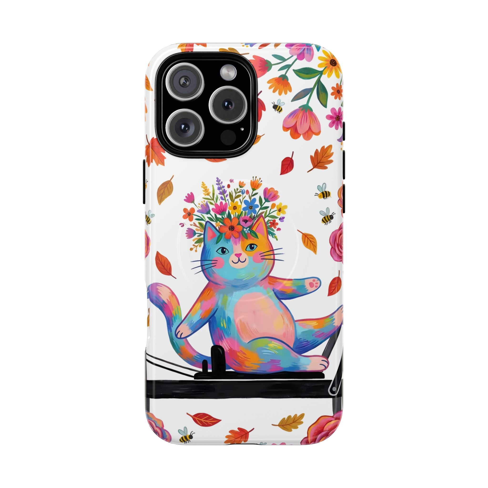 Colorful Floral Cat on Pilates Reformer Protective MagSafe iPhone Case