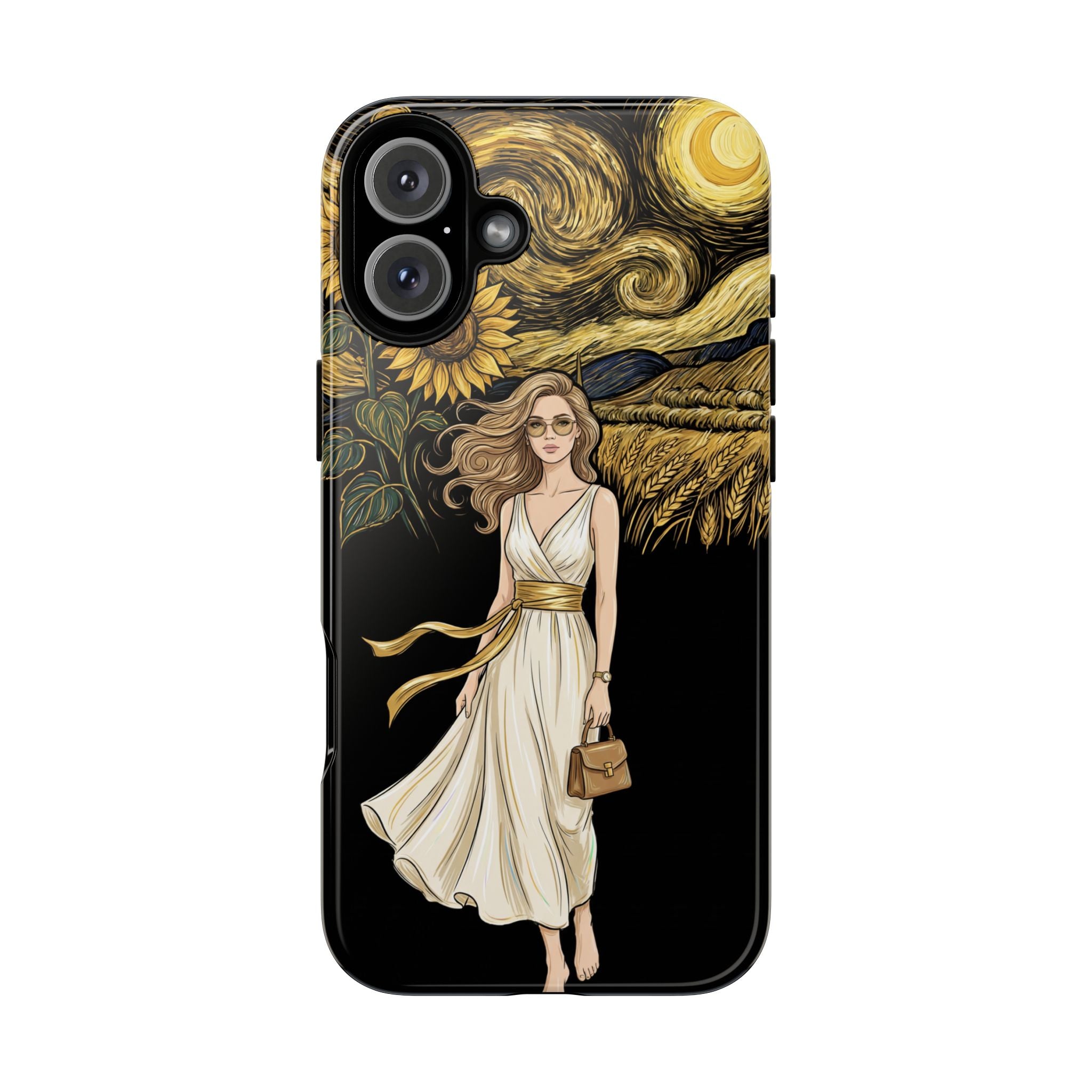 Sunflower Night iPhone Case | Woman in Flowing Dress Van Gogh Style