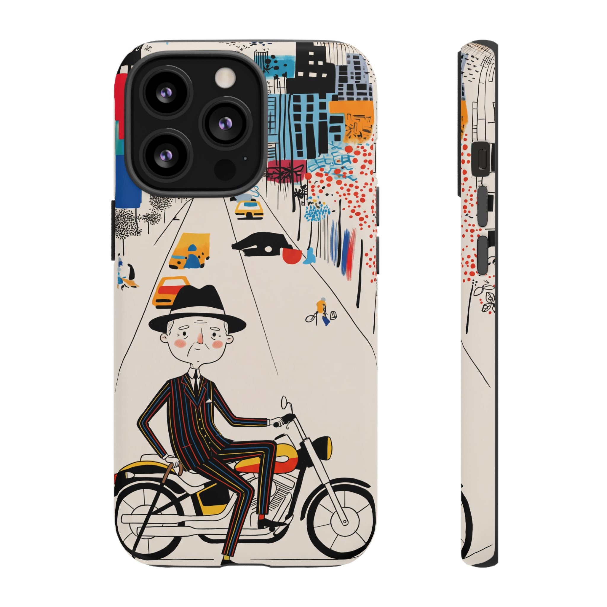 Vintage Grandpa Rider Motorcycle iPhone Case | Illustrated Cityscape